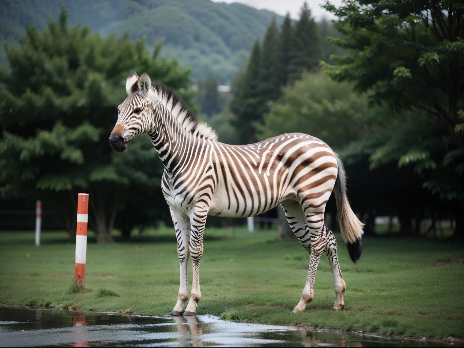 zebra，rain，white horse，full-body shot