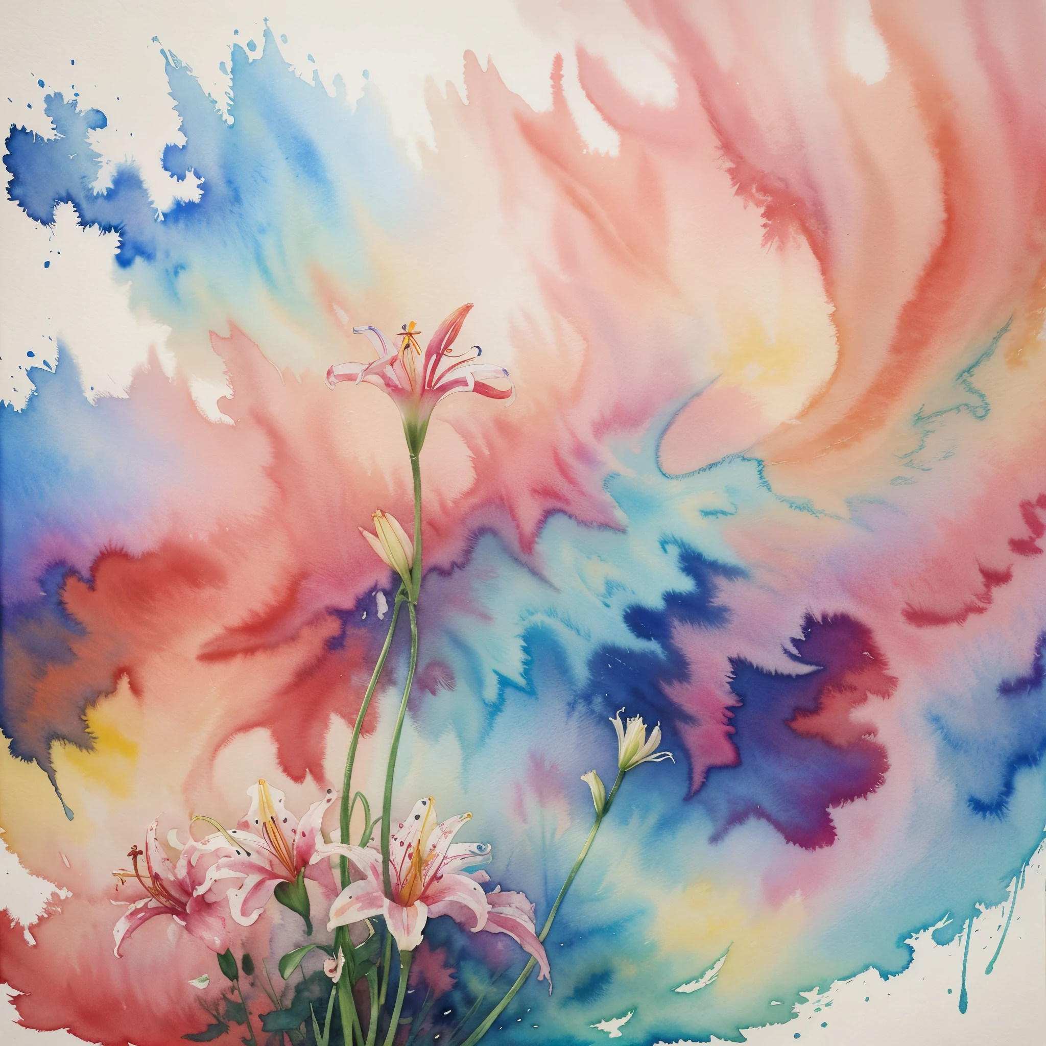 wtrcolor style, digital art of (lilies), official art, blown by the wind, masterpiece, beautiful, ((watercolor)), paint splatter, intricate details. Great detail, [dripping:0.5], trending on Artstation, Rachel Walker