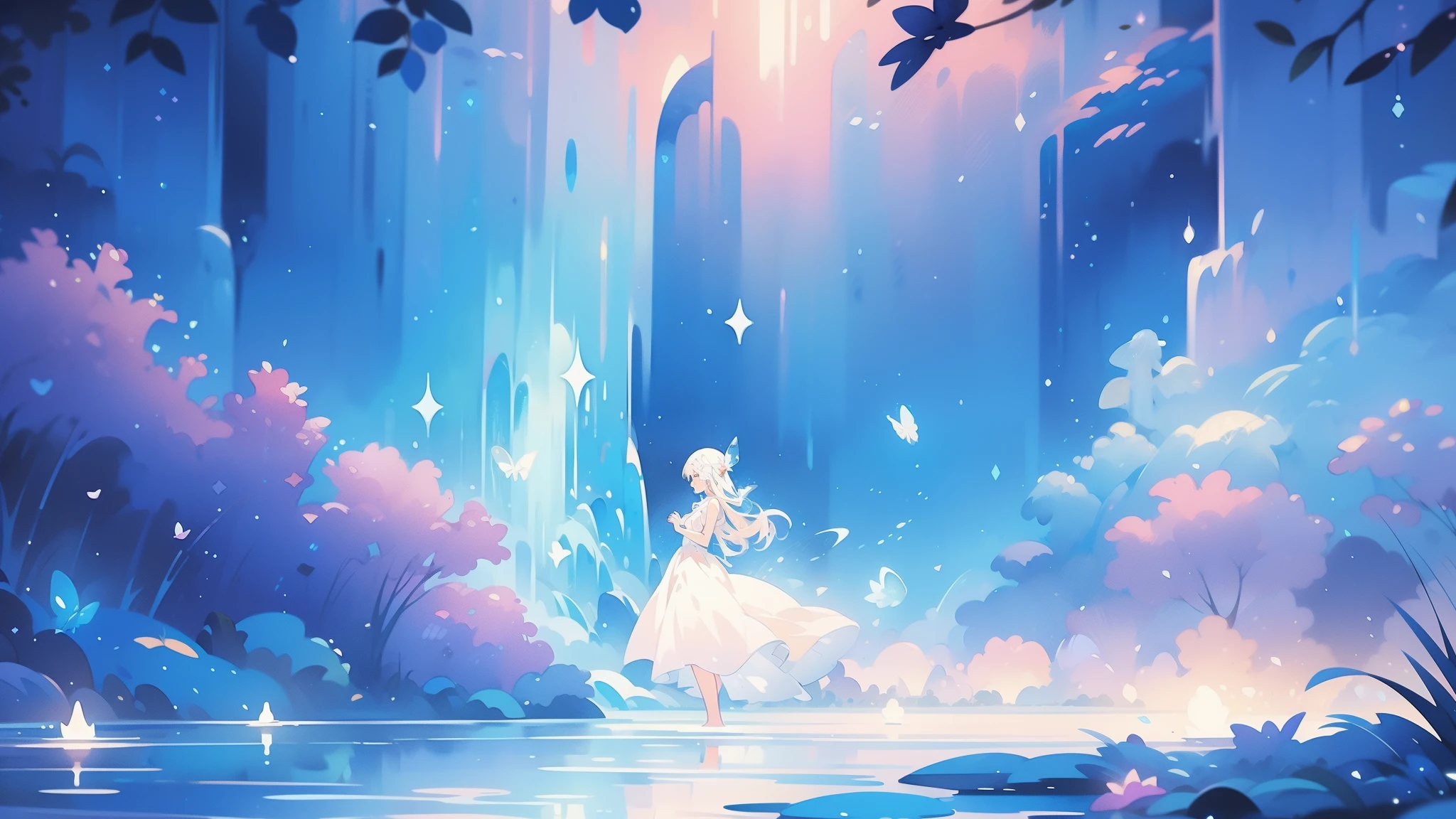 glowing fairies, beautiful girl in sparkling delicate white dress, glowing lights, fireflies, glowing butterflies, fairy creatures, watercolor illustration, vibrant pastel colors, dreamy, colorful, whimsical, magical, masterpiece, best quality, sharp focus, intricately detailed environment, fine detail, 8k resolution, waterfall lagoon, (magical lagoon), (waterfall, lake),
