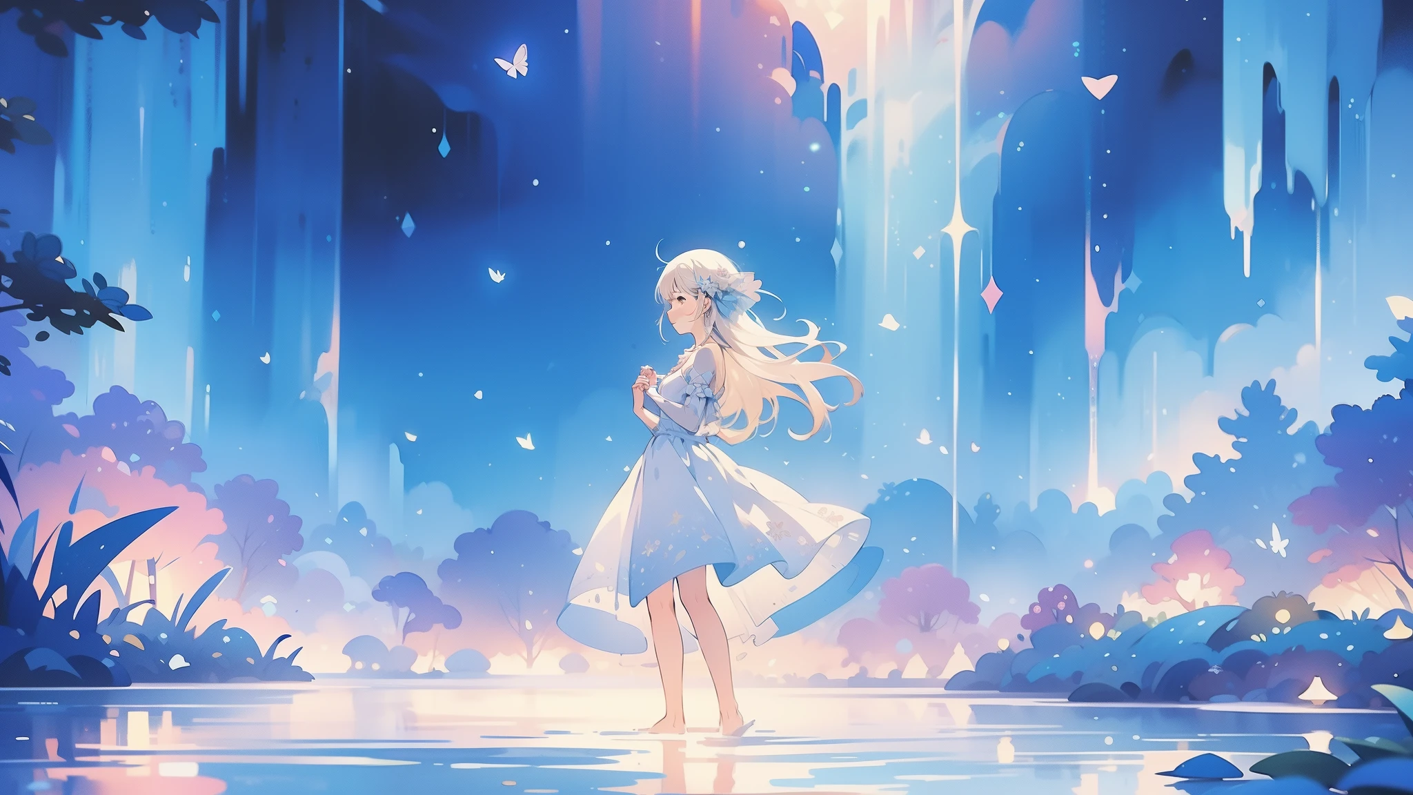 glowing fairies, beautiful girl in sparkling delicate white dress, glowing lights, fireflies, glowing butterflies, fairy creatures, watercolor illustration, vibrant pastel colors, dreamy, colorful, whimsical, magical, masterpiece, best quality, sharp focus, intricately detailed environment, fine detail, 8k resolution, waterfall lagoon, (magical lagoon), (waterfall, lake), 