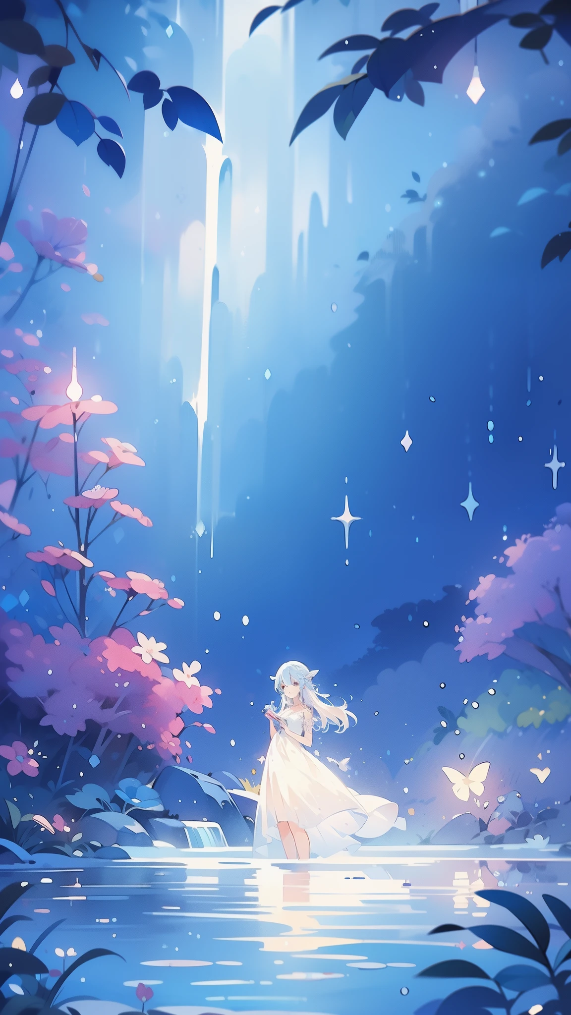 glowing fairies, beautiful girl in sparkling delicate white dress, glowing lights, fireflies, glowing butterflies, fairy creatures, watercolor illustration, vibrant pastel colors, dreamy, colorful, whimsical, magical, masterpiece, best quality, sharp focus, intricately detailed environment, fine detail, 8k resolution, waterfall lagoon, (magical lagoon), (waterfall, lake), 