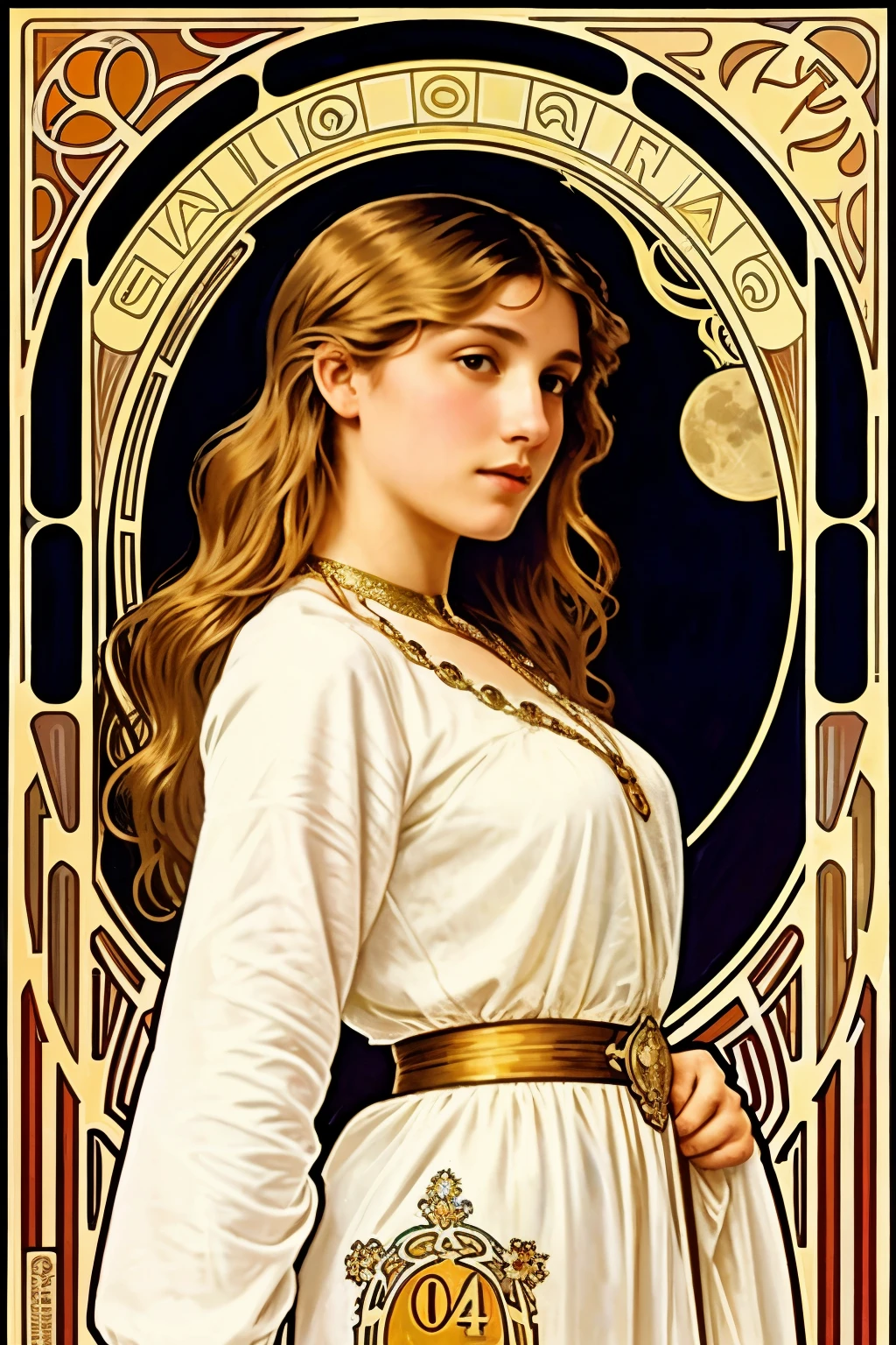 art nouveau alphonse mucha sobre la obra the moon donde la chica debe ser cabello dorado en inteligencia artificial pero con vestido