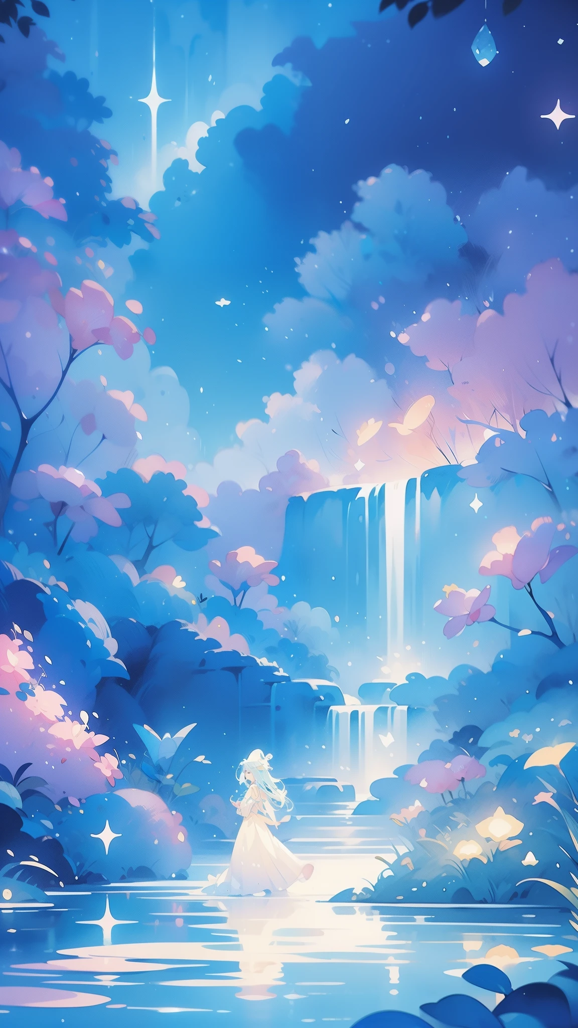 glowing fairies, beautiful girl in sparkling delicate white dress, glowing lights, fireflies, glowing butterflies, fairy creatures, watercolor illustration, vibrant pastel colors, dreamy, colorful, whimsical, magical, masterpiece, best quality, sharp focus, intricately detailed environment, fine detail, 8k resolution, waterfall lagoon, (magical lagoon), (waterfall, lake), 