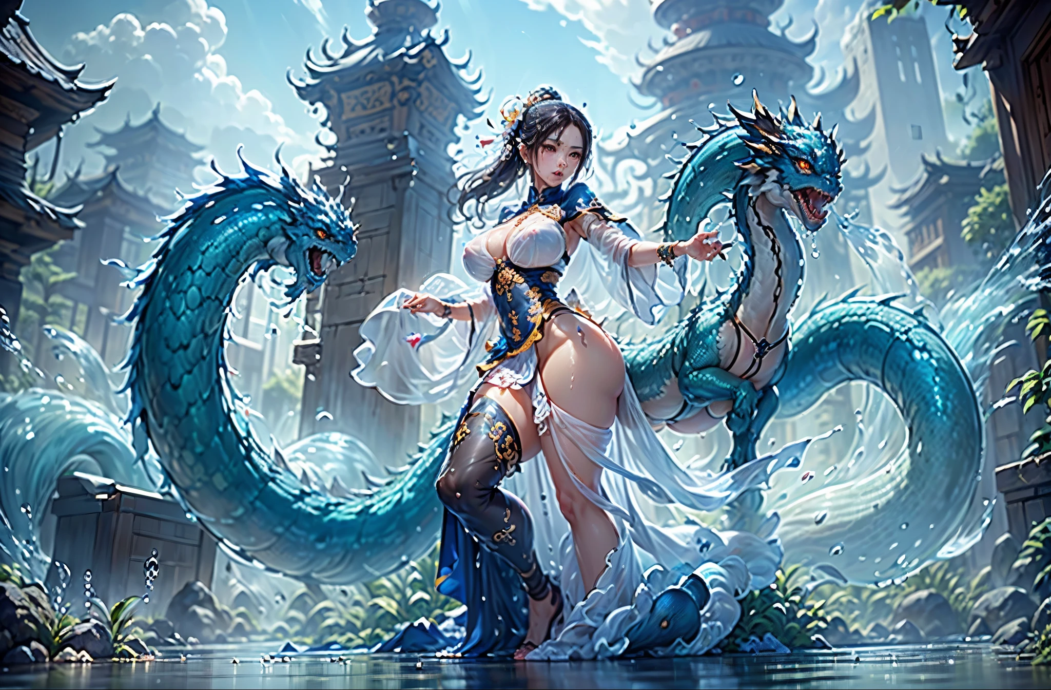 (full body picture,full body display),((epic composition,Ancient battlefield of China,A woman wearing a flowing white gauze skirt,water goddess,water dragon,In the distance is the tall city wall,whole body xianxia,from below,Rich scene details,Water mist,flying water splash,Blue sky,weapon,cleavage,magic circle:1.1,xiuxian)),(raised nipples),((anatomically correct,8k, super detail, UHD, masterpiece, super detail, high details, high quality, award winning, best quality, highres, 1080P, HD, 4K, 8k, ccurate))