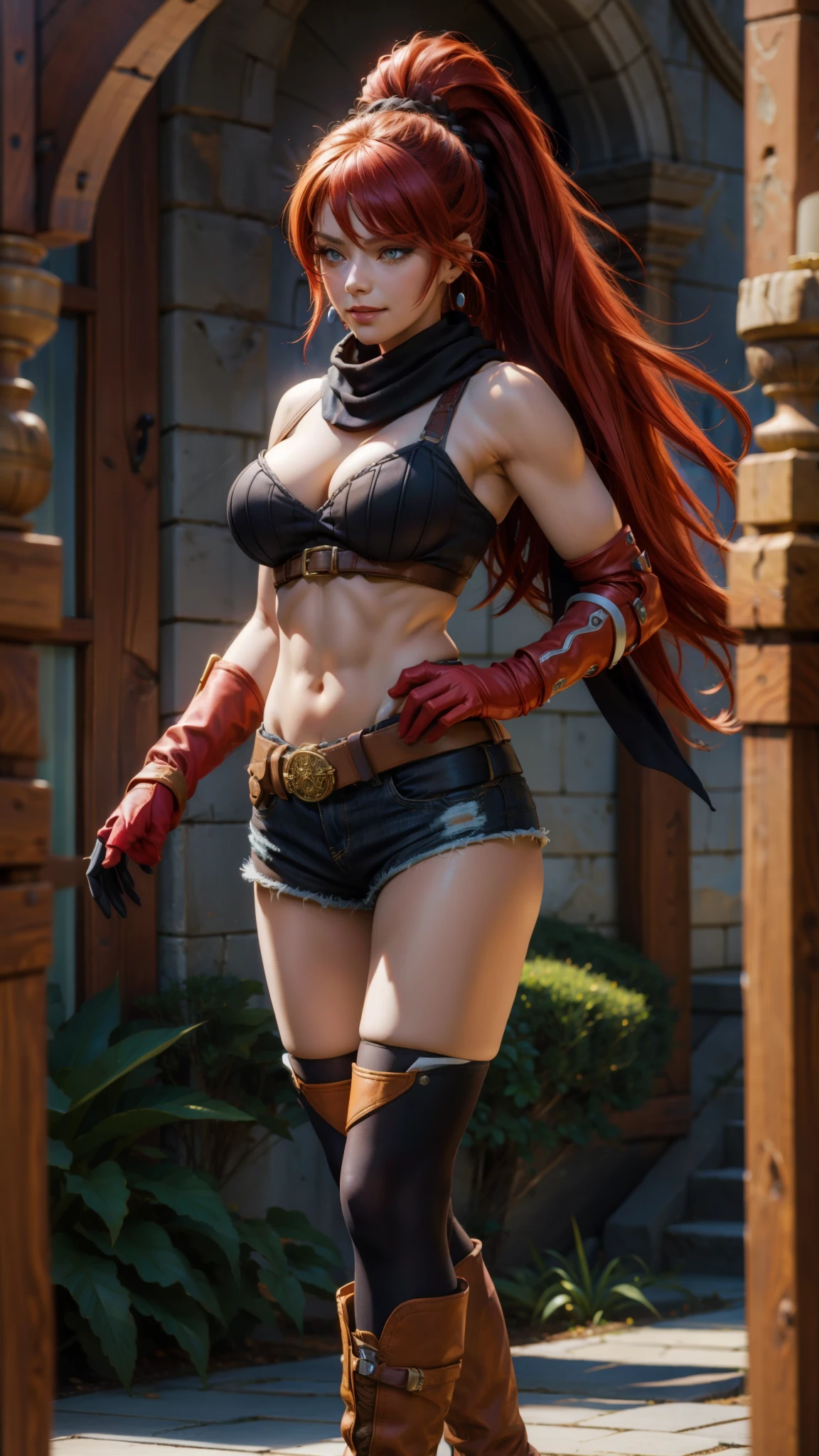 (masterpiece, best quality), intricate details, maya1hit, 1girl, red hair, long hair, ponytail, hair between eyes, scrunchie, red eyes, jewelry, earrings, large breasts, cleavage, scarf, black scarf, midriff, navel, gloves, elbow gloves, belt, shorts, short shorts, black shorts, thighhighs, boots, smile, cowboy shot,