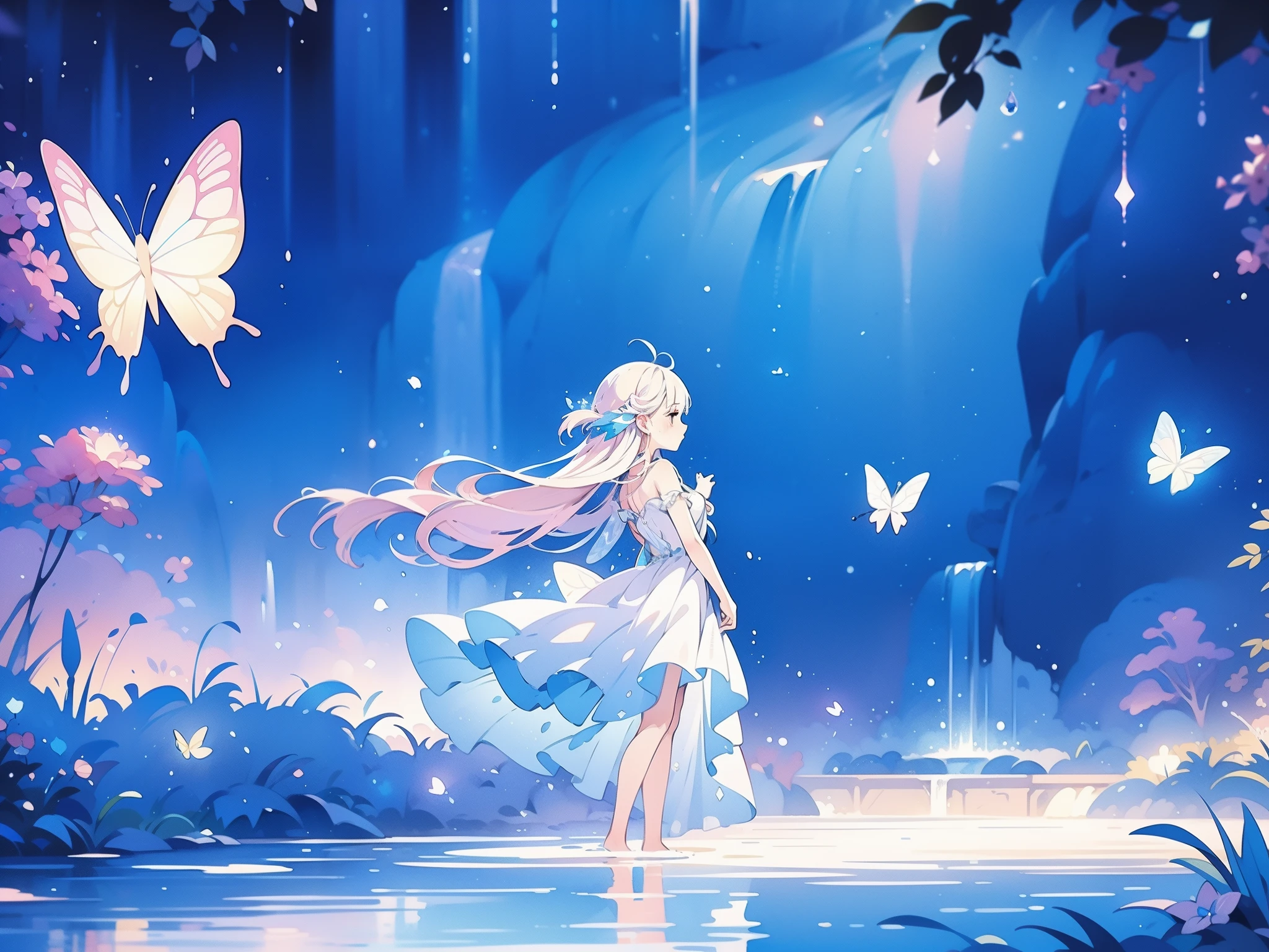 glowing fairies, beautiful girl in sparkling delicate white dress, glowing lights, fireflies, glowing butterflies, fairy creatures, watercolor illustration, vibrant pastel colors, dreamy, colorful, whimsical, magical, masterpiece, best quality, sharp focus, intricately detailed environment, fine detail, 8k resolution, waterfall lagoon, (magical lagoon), (waterfall, lake), 