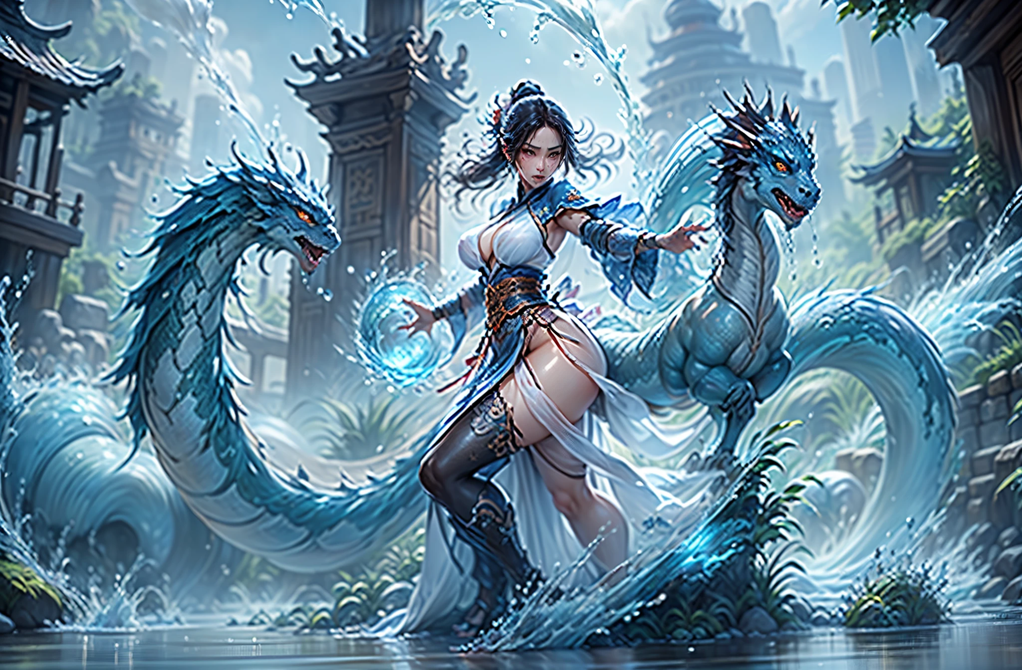 （full body picture，full body display），((epic composition，Ancient battlefield of China，A woman wearing a flowing white gauze skirt，water goddess，water dragon，In the distance is the tall city wall，whole body xianxia，from below，Rich scene details，Water mist，flying water splash，Blue sky，weapon,cleavage,magic circle:1.1,xiuxian))，(raised nipples),((anatomically correct，8k, super detail, UHD, masterpiece, super detail, high details, high quality, award winning, best quality, highres, 1080P, HD, 4K, 8k, ccurate))