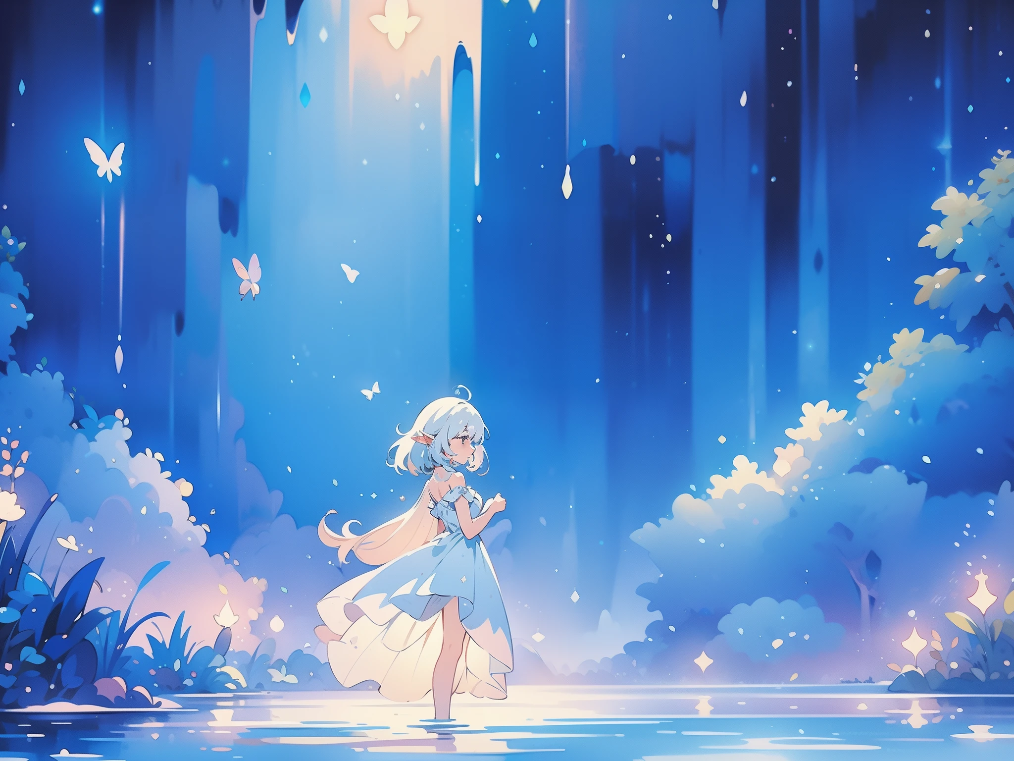 glowing fairies, beautiful girl in sparkling delicate white dress, glowing lights, fireflies, glowing butterflies, fairy creatures, watercolor illustration, vibrant pastel colors, dreamy, colorful, whimsical, magical, masterpiece, best quality, sharp focus, intricately detailed environment, fine detail, 8k resolution, waterfall lagoon, (magical lagoon), (waterfall, lake), 
