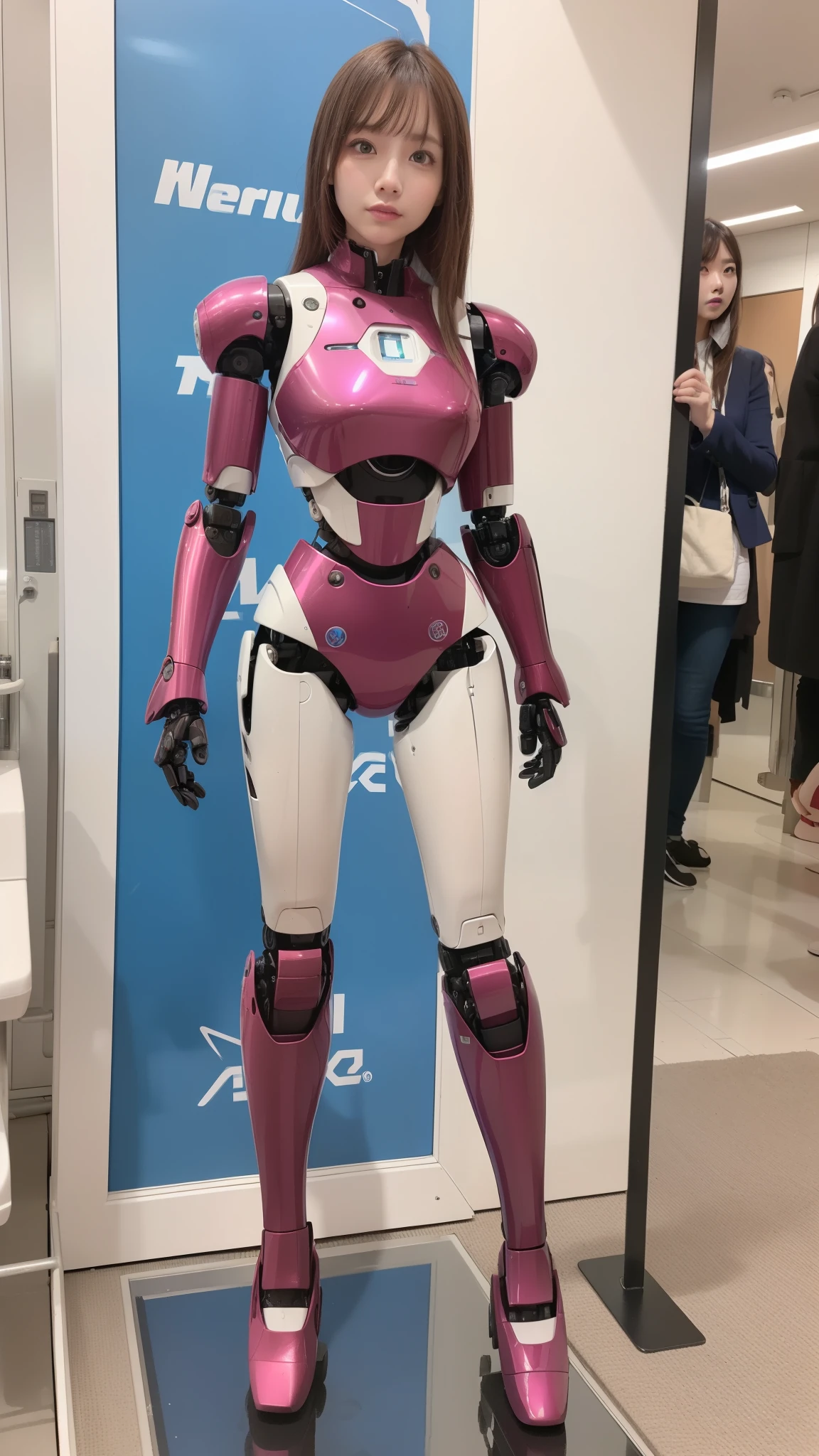 (Photorealsitic:1.4)、one robot woman、(top-quality)、(hyperdetailed face)、(Super well-formed face)、(Robot Parts)、(Female-Robot)、(25 years-old)、(Blue)、(pink there)、(Burgundy)、(metallic)、(full-body)、(sexy pose)、(Slender body)、(Model body type)、(full body mech)、(mechanical exposure)、(Akihabara)、(is looking at the camera)、(A brown-haired)、(Well-proportioned body)、(a small face)、(a small head)、(well-groomed fingers)、(Idol)、(front facing)、(Standing with legs open)、(Photo session)、(Looks sad)、(perfect-female-robot)、(perfect-mechanical-body)