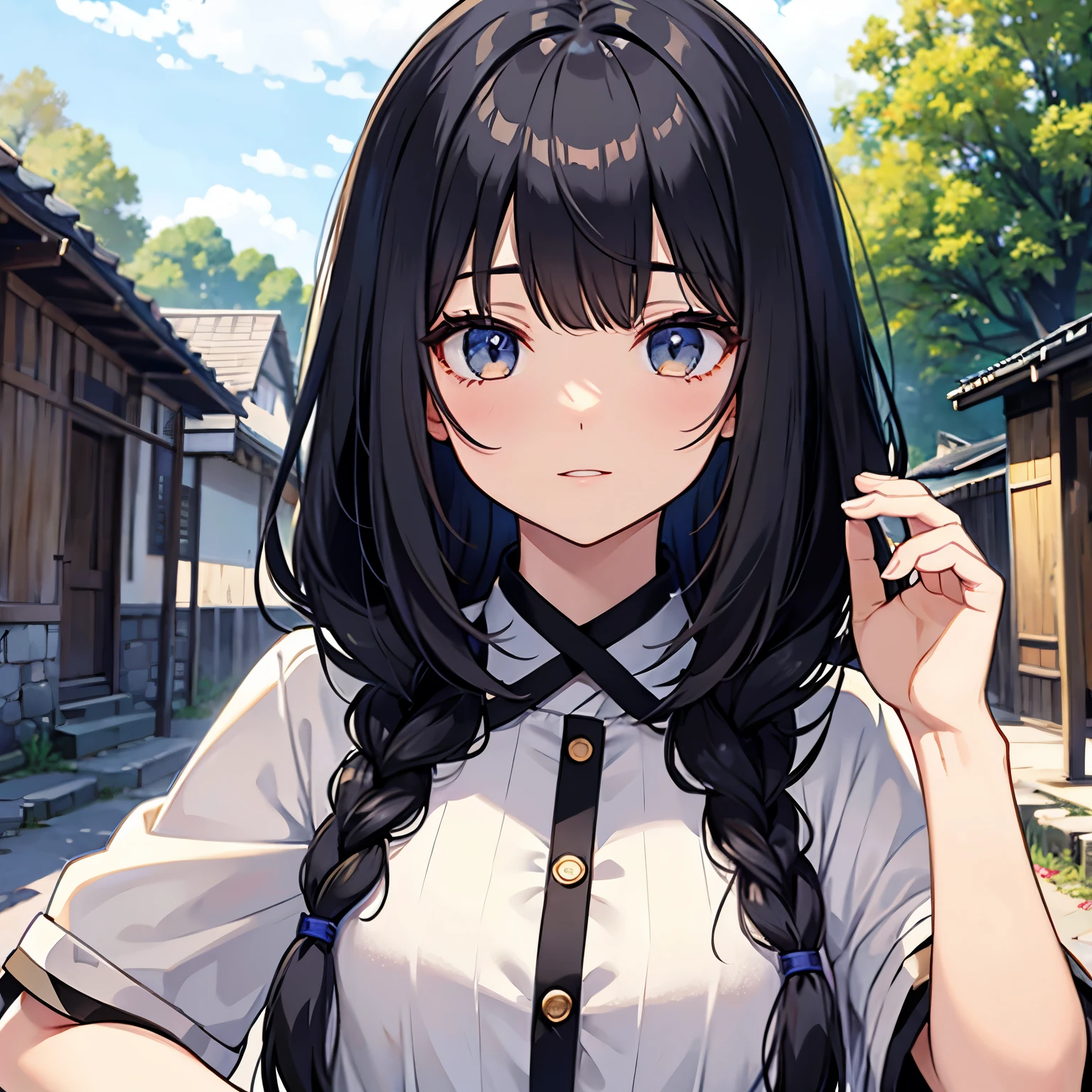 anime, face, whole body, black hair, bangs, village girl, 