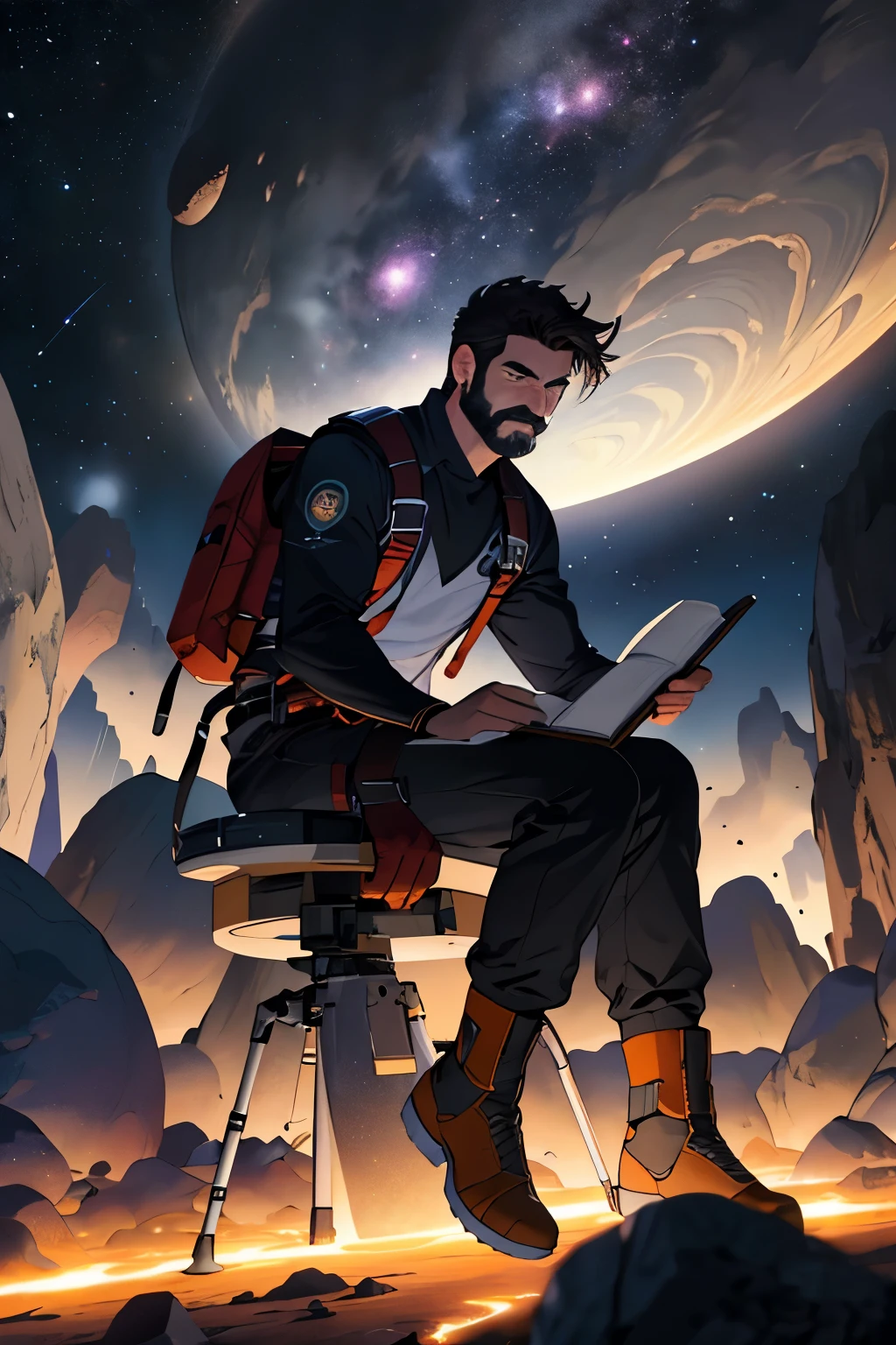 Desenhe um jovem programador, sitting on a research platform floating in the middle of an asteroid belt. He is studying with a notebook, surrounded by several asteroids glowing with fiery auras. Dramatic lighting from distant stars and planets illuminates the scene, casting deep shadows on the costume. O jovem parece confiante e determinado, looking at the vast and mysterious universe with awe and respect,Facial hair, tiro de vaqueiro, add the name Sérgio Santos below