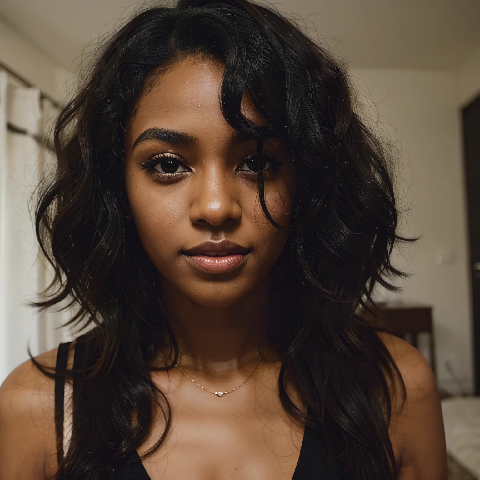 A very pretty and attractive darkskin blasian 22 year old with light brown asian eyes and pink curly hair. very realistic 