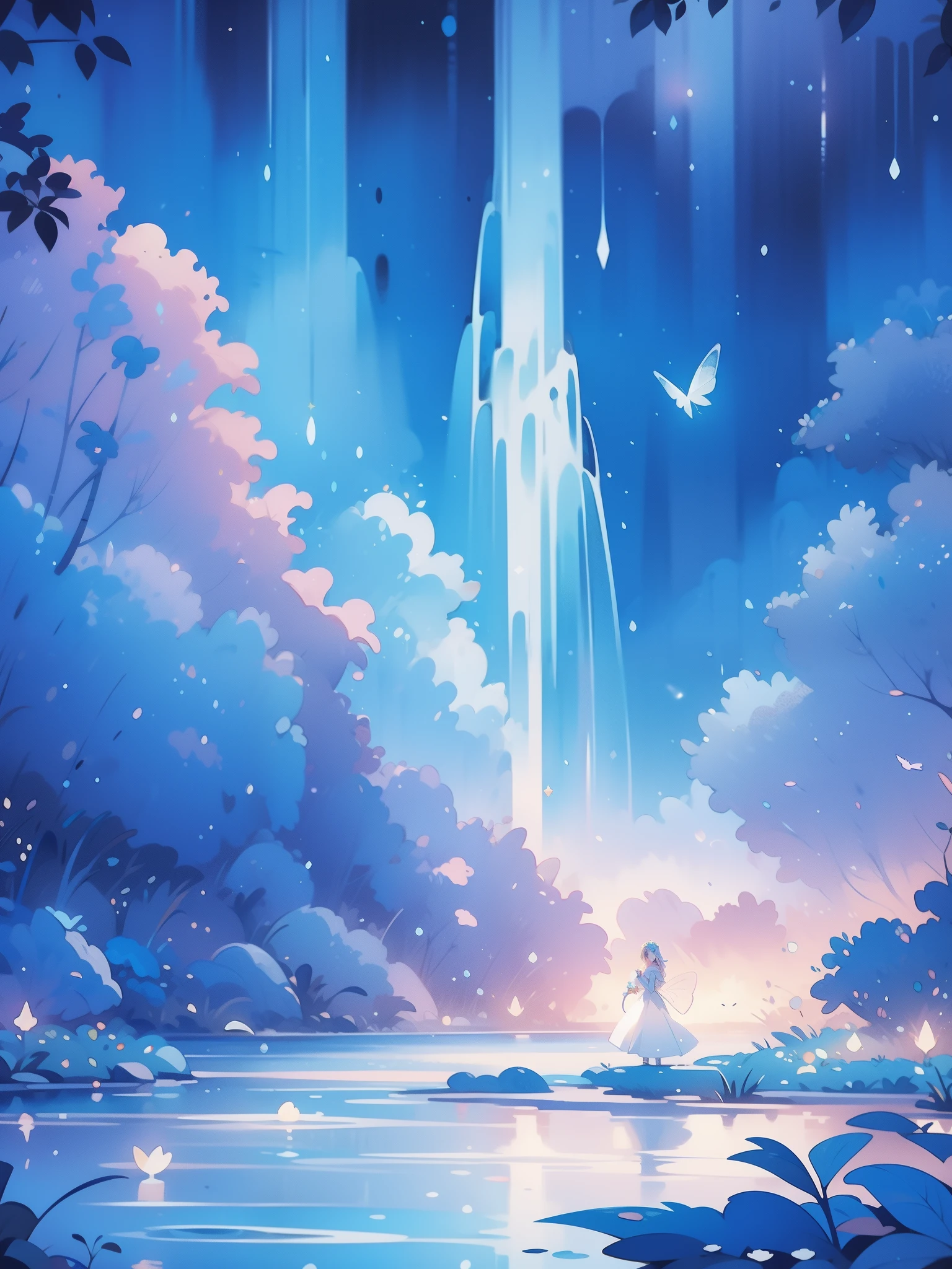 glowing fairies, beautiful girl in sparkling delicate white dress, glowing lights, fireflies, glowing butterflies, fairy creatures, watercolor illustration, vibrant pastel colors, dreamy, colorful, whimsical, magical, masterpiece, best quality, sharp focus, intricately detailed environment, fine detail, 8k resolution, waterfall lagoon, (magical lagoon), (waterfall, lake), 