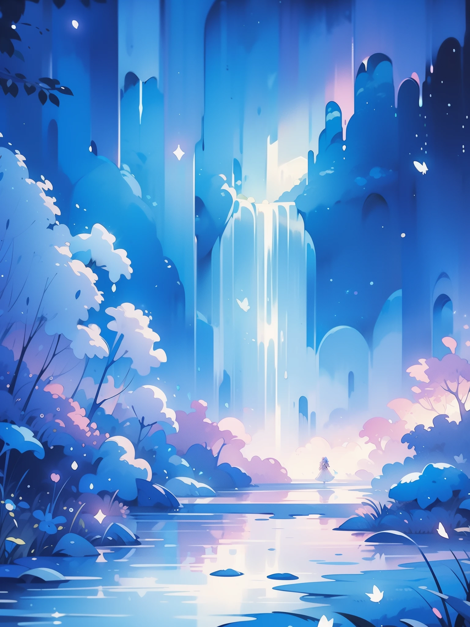 glowing fairies, beautiful girl in sparkling delicate white dress, glowing lights, fireflies, glowing butterflies, fairy creatures, watercolor illustration, vibrant pastel colors, dreamy, colorful, whimsical, magical, masterpiece, best quality, sharp focus, intricately detailed environment, fine detail, 8k resolution, waterfall lagoon, (magical lagoon), (waterfall, lake), 