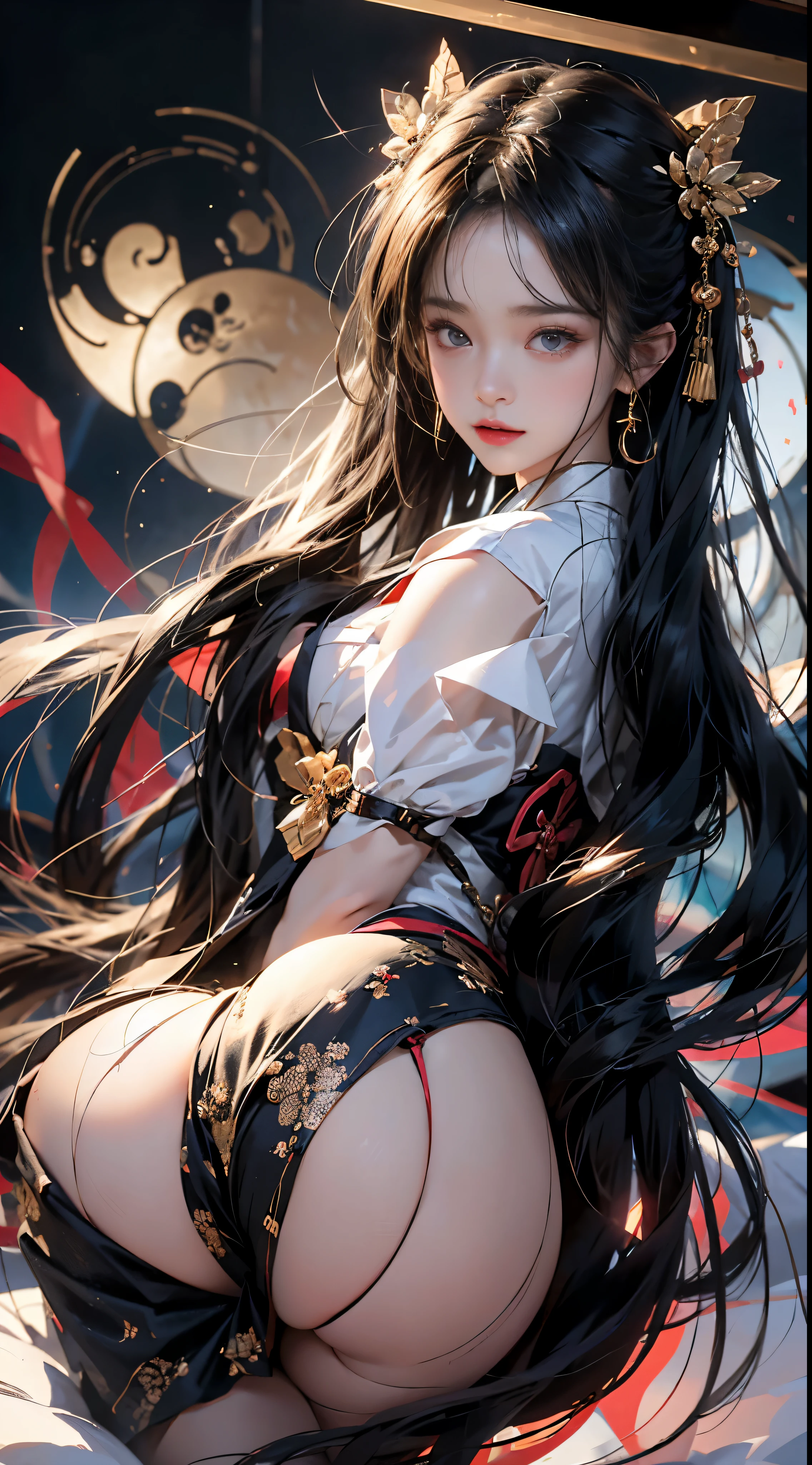 ((highest quality)),((excellent quality, 8K, masterpiece: 1.5)), The genitals are clean: 1.4, perfect body beauty: 1.4, sexy hanfu clothes,sexy hanfu clothes,I can see your pants,gray hair,wet skin, sleeping in bed,back stance,pointy butt,round butt,pointy butt,raise your butt,film texture,