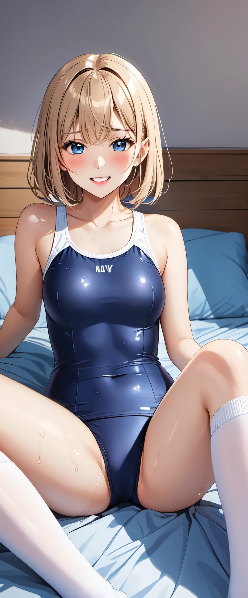 High resolution, woman , good lighting, despicable, , (No nudity), (((navy blue school swimsuit))), ((navy blue school swimsuit)), (((knee high socks))), cute face, I'm embarrassed and blush, humiliating, ((sit with legs spread)), ((wet with sweat))((A sticky liquid adheres to the body))sit on the bed in the room、