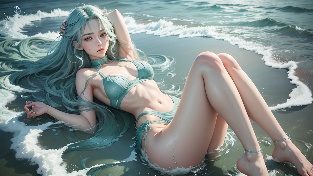 (best quality,ultra-detailed,realistic),portraits,medium:oil painting,(HDR,studio lighting),vivid colors,sharp focus,physically-based rendering,(A lovely siren),beautiful detailed eyes,beautiful detailed lips,extremely detailed eyes and face,long eyelashes,(light green skin),(aquamarine eyes),blue-green color tones on the face,(coke bottle figure),(blessed proportions),(sea foam green hair ankle length),flowing hair,(dressed in tatters),tattered clothing flowing in the wind,(age 20),serene expression,graceful pose,emerging from the ocean,sparkling water droplets on skin and hair,faint shimmering scales on the legs,gentle waves in the background,strands of seaweed entwined in the hair