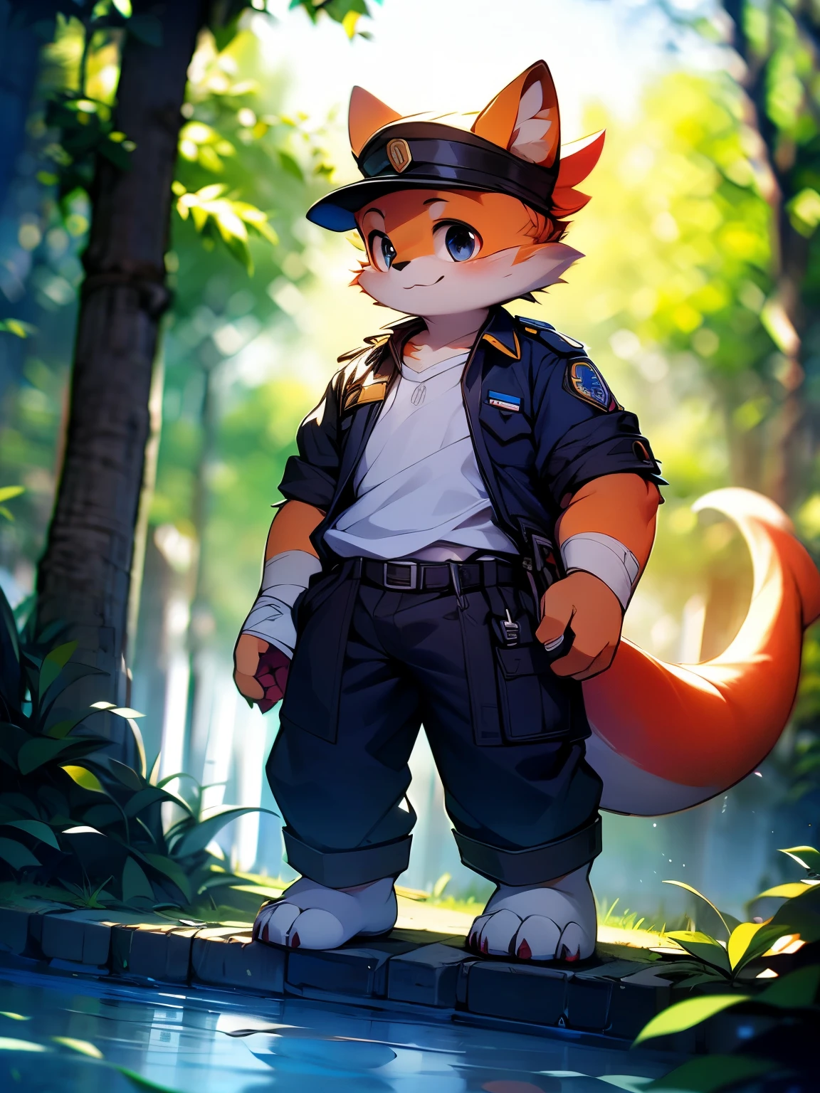 a picture,alone,strong,warrior,Red Dragon,police officer,male,red dragon,police uniform,brown work pants,headband,Bandages around the wrists,Metal shin guards,black eyes,black belt,(one piece)Plush tail,Plush paw,confident expression,Determined gaze,bright and lively eyes(A masterpiece)(high quality)(clear structure)(Extremely detailed background)(extremelydetailedcharacter),whole body,stand