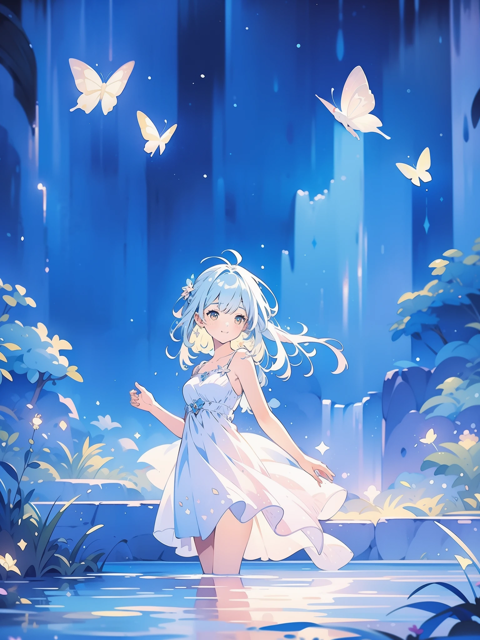 glowing fairies, beautiful girl in sparkling delicate white dress, glowing lights, fireflies, glowing butterflies, fairy creatures, watercolor illustration, vibrant pastel colors, dreamy, colorful, whimsical, magical, masterpiece, best quality, sharp focus, intricately detailed environment, fine detail, 8k resolution, waterfall lagoon, (magical lagoon), (waterfall, lake), 