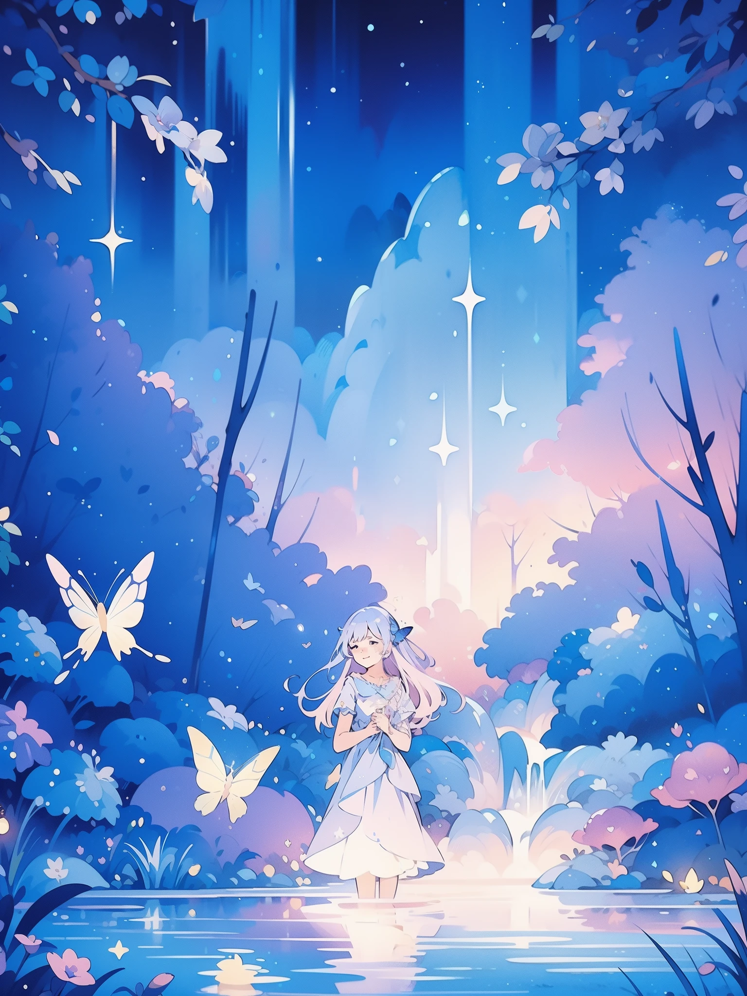 glowing fairies, beautiful girl in sparkling delicate white dress, glowing lights, fireflies, glowing butterflies, fairy creatures, watercolor illustration, vibrant pastel colors, dreamy, colorful, whimsical, magical, masterpiece, best quality, sharp focus, intricately detailed environment, fine detail, 8k resolution, waterfall lagoon, (magical lagoon), (waterfall, lake), 