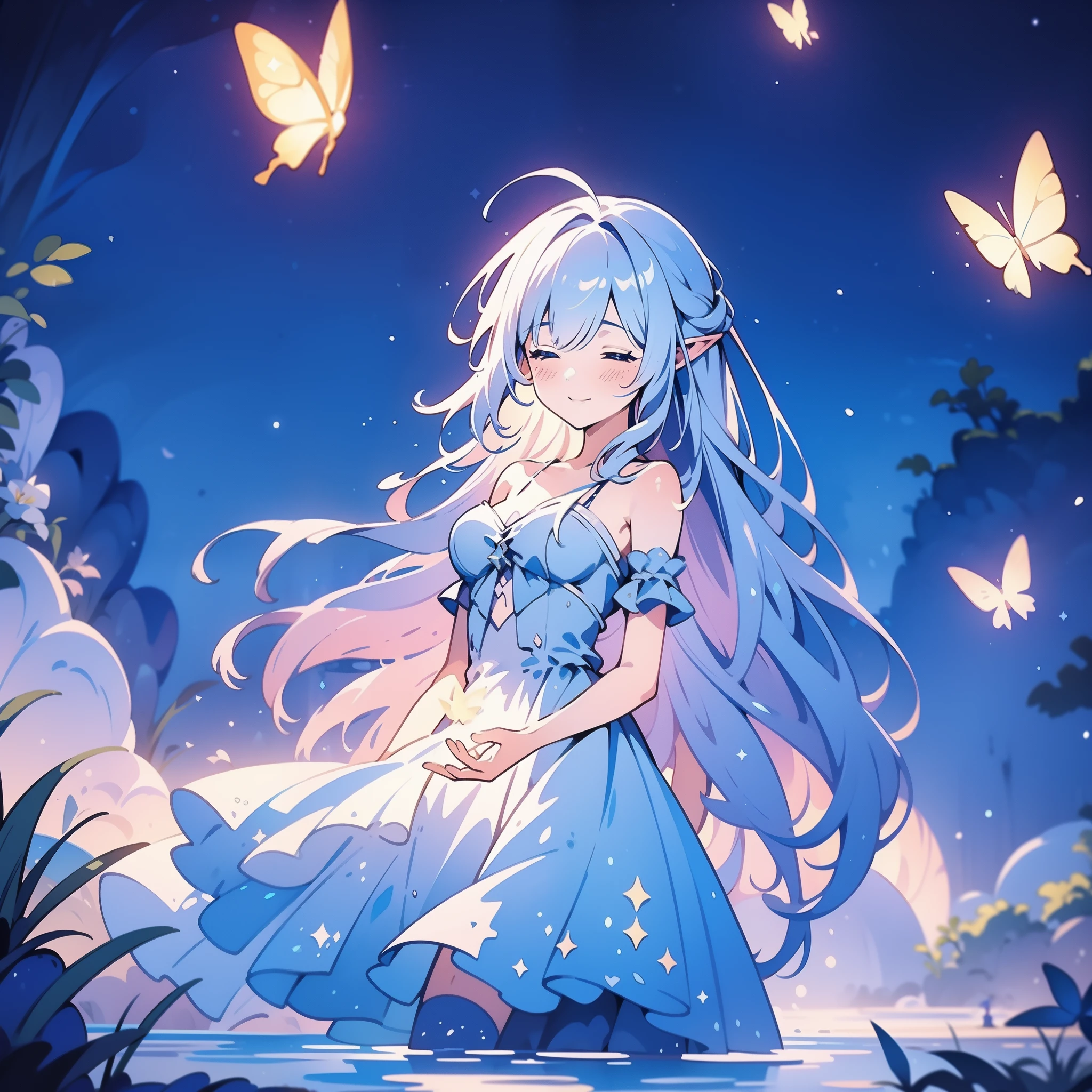 glowing fairies, beautiful girl in sparkling delicate white dress, glowing lights, fireflies, glowing butterflies, fairy creatures, watercolor illustration, vibrant pastel colors, dreamy, colorful, whimsical, magical, masterpiece, best quality, sharp focus, intricately detailed environment, fine detail, 8k resolution, waterfall lagoon, (magical lagoon), (waterfall, lake), 