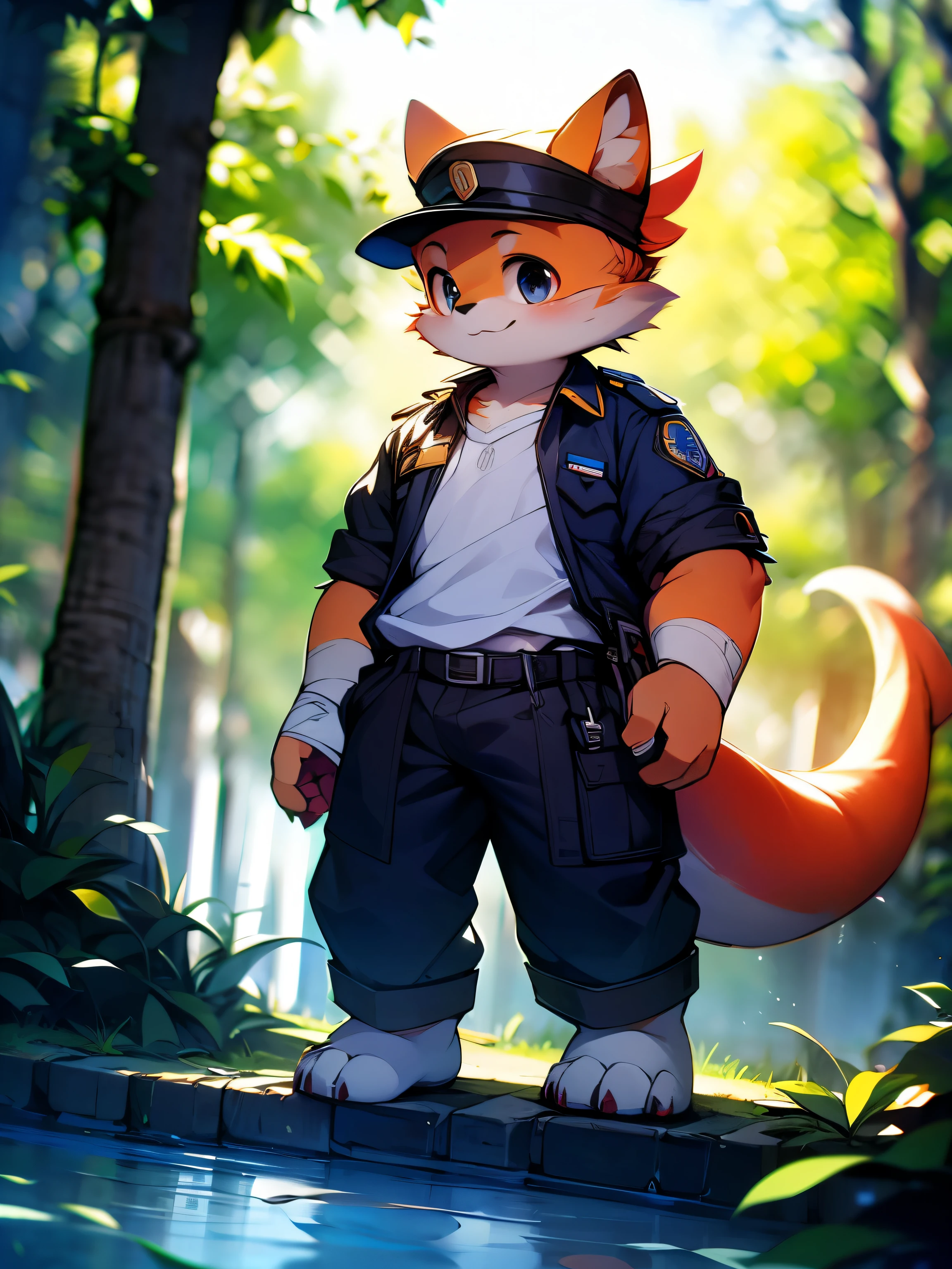 photo,alone,Strong,warrior,Red Dragon,police officer,male,Red Dragon,police uniform,brown work pants,scarf,Put a bandage around your wrist,metal shin guards,black eyes,black belt,(piece)Plush tail,Plush paw,confident expression,Determined gaze,bright and vibrant eyes(masterpiece)(high quality)(clear structure)(extremely detailed background)(extremely detailed characters),whole body,stand