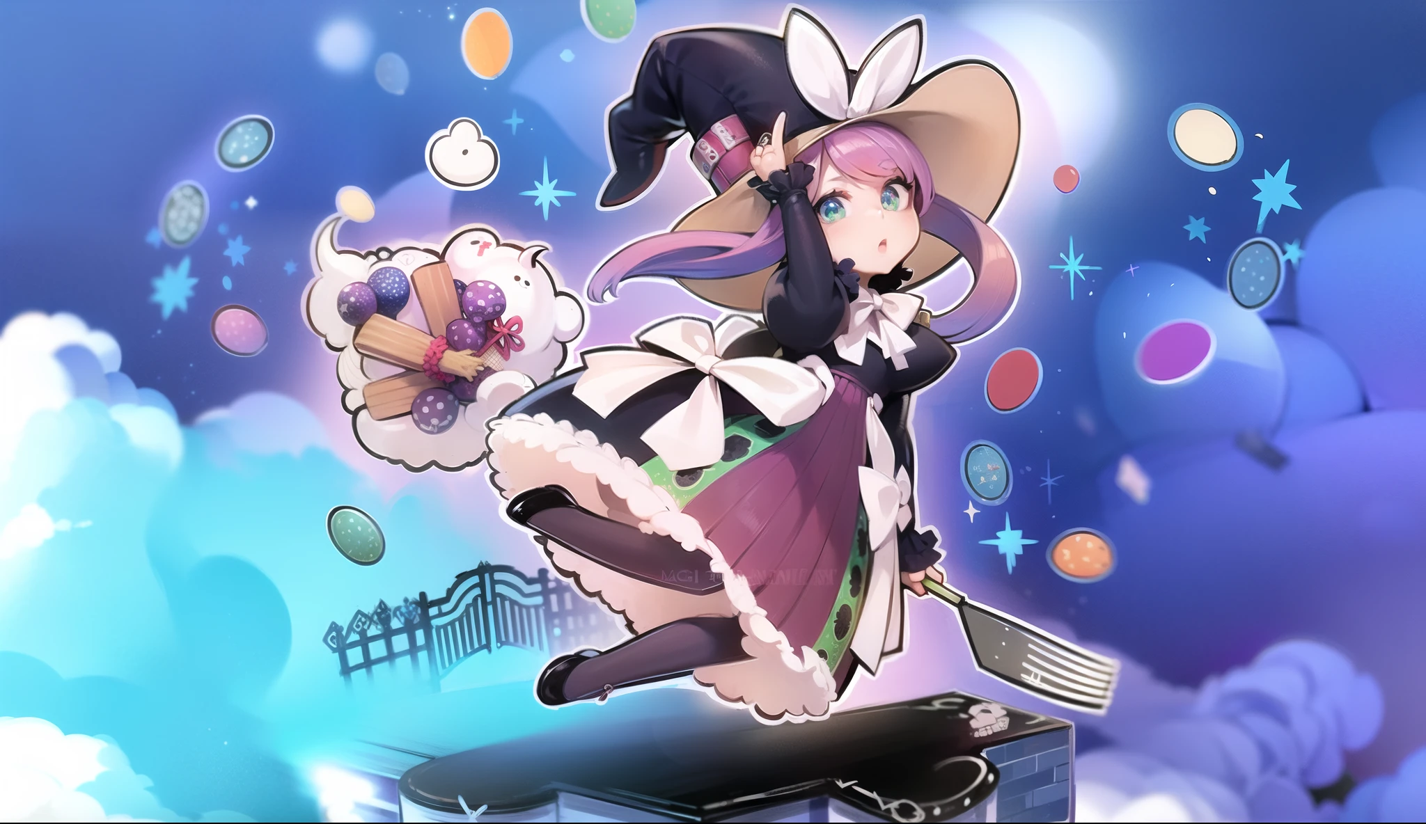 anime girl in a purple dress riding a skateboard with balloons in the sky, do desejo, bruxa girl, bright bruxa, personagem de saudade, bruxa fairytale, bruxa, bruxay, bruxa academia, little bruxa academia, magic, sky bruxa, /!\ the sorceress, uma empregada em uma floresta magic, from the black magician cemetery!!!, garota do mago negro