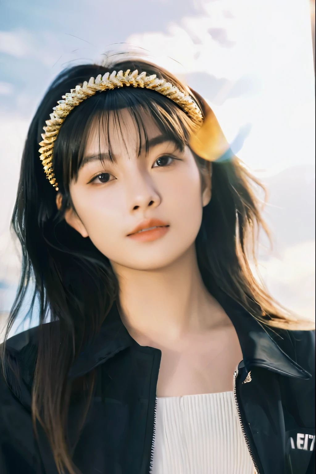 from side,1girl,solo,realistic,jacket,black hair,black headband,Unruly hair,Golden straw,cloud,lens_flare,Natural light,portrait,Grey Film filter,(KODAK Ektar 100:1.2),