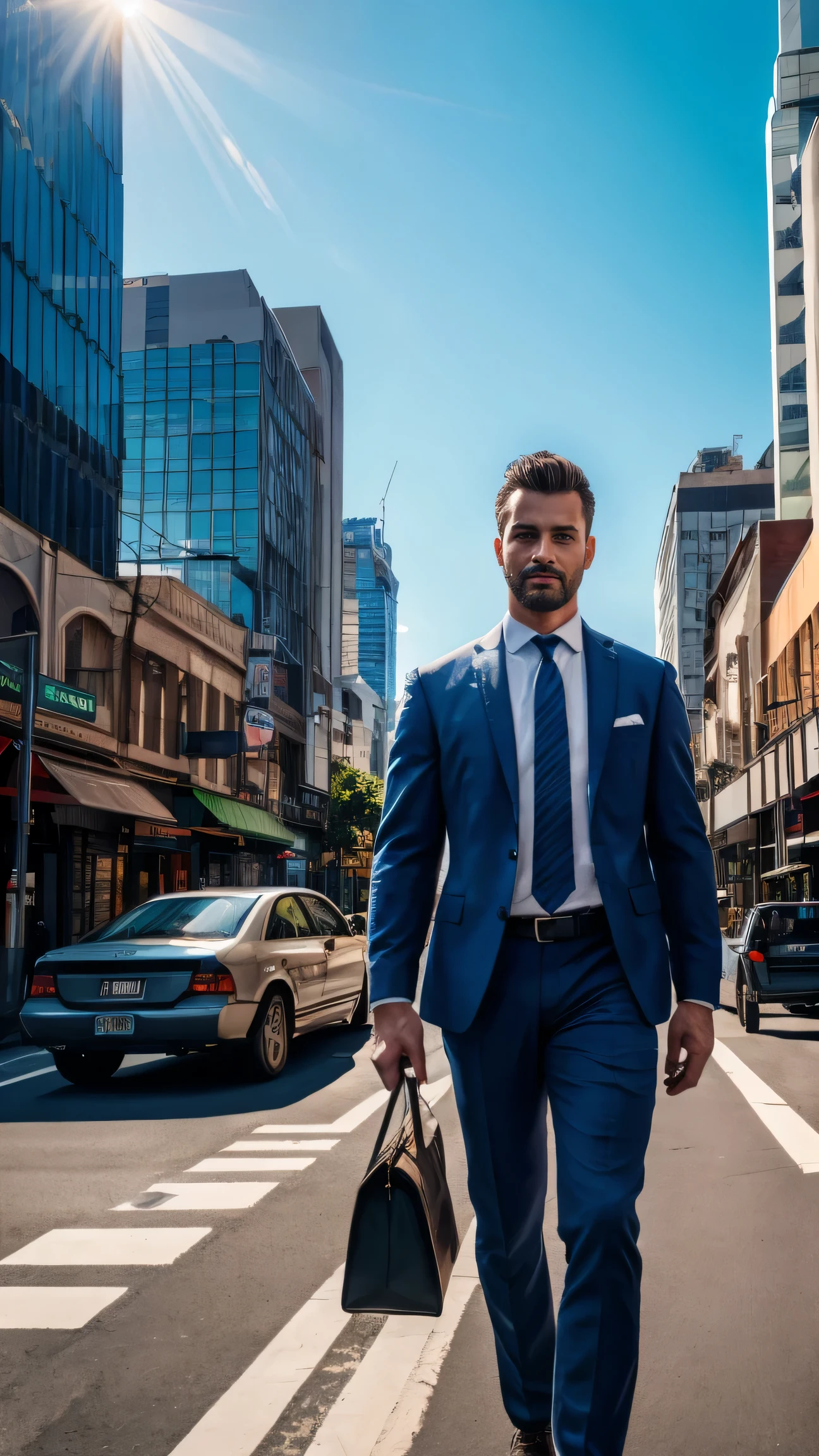 (best quality,4k,8k,highres,masterpiece:1.2),ultra-detailed,(realistic,photorealistic,photo-realistic:1.37),HDR,UHD,studio lighting,ultra-fine painting,sharp focus,physically-based rendering,extreme detail description,professional,vivid colors,bokeh,portrait,cityscape,Mumbai city landscape,man,blue suit,white shirt,blue and black striped tie with tie clip,holding a Starbucks coffee cup in left hand,right hand in pant pocket,DSLR camera,walking through a main road,confident expression,modern urban environment,sunlight casting long shadows,buildings with glass facades,pedestrians in the background,morning rush hour,hustle and bustle of the city,vehicles passing by,streets filled with energy,lush green trees lining the road,traffic lights and crosswalks,flashing neon signs,advertisements and billboards,shadows and reflections,contrast of light and shadow,blue tones with warm highlights,urban sophistication,metropolitan vibe,coffee culture,professional elegance,intense focus,impressive attention to detail,crisp and clear imagery,prominent textures and patterns,meticulous craftsmanship,impressive sense of depth,exquisite composition,compelling storytelling,immersive and captivating scene.