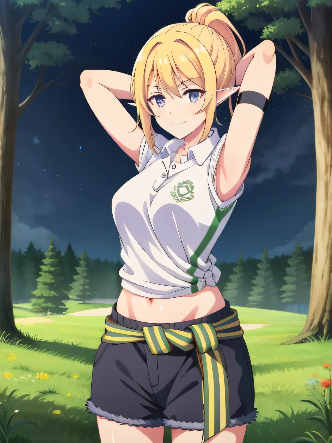 chloefes, ponytail, purple eyes, blonde hair, pointy ears, white shirt, clothes around waist, shorts, black shorts, navel, midriff, wristband, sleeves rolled up, collared shirt, closed mouth, solo, upper body, night sky, forest, arms behind head, contrapposto, spread armpits, smile, high quality,