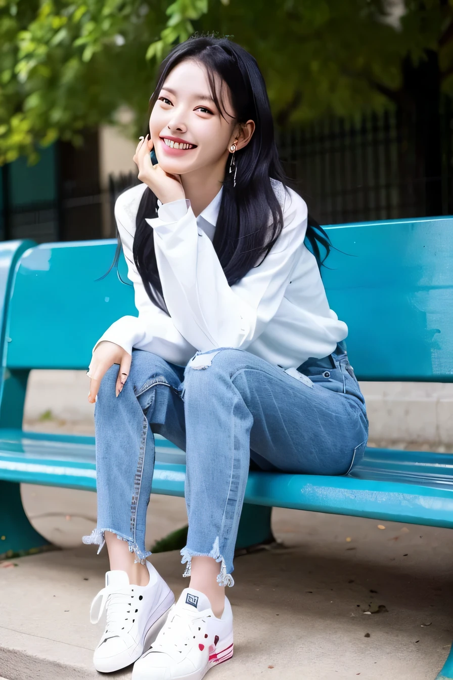 ((highest quality)), A neat and beautiful woman sitting on a park bench、long sleeve blouse、skinny denim、sneakers、black hair、ear piercing、smile、smile showing teeth、full body photo