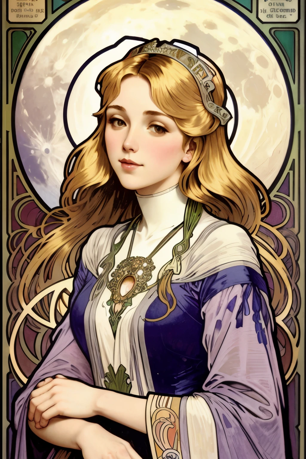 art nouveau alphonse mucha sobre la obra the moon donde la chica debe ser cabello dorado pero con vestido