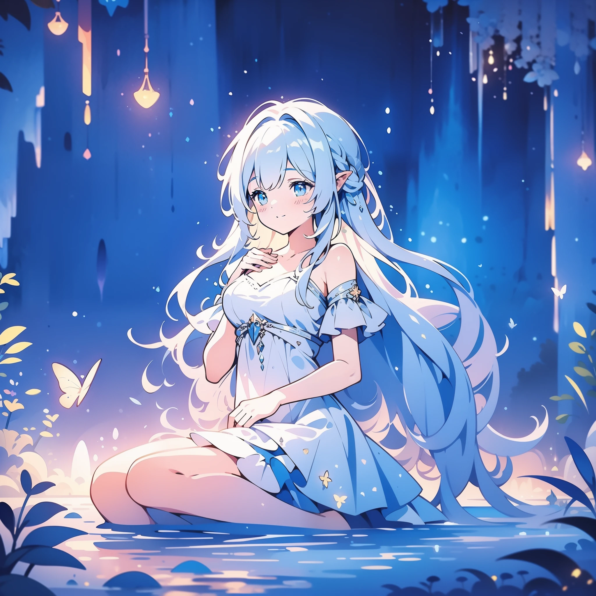 glowing fairies, beautiful girl in sparkling delicate white dress, glowing lights, fireflies, glowing butterflies, fairy creatures, watercolor illustration, vibrant pastel colors, dreamy, colorful, whimsical, magical, masterpiece, best quality, sharp focus, intricately detailed environment, fine detail, 8k resolution, waterfall lagoon, (magical lagoon), (waterfall, lake), 