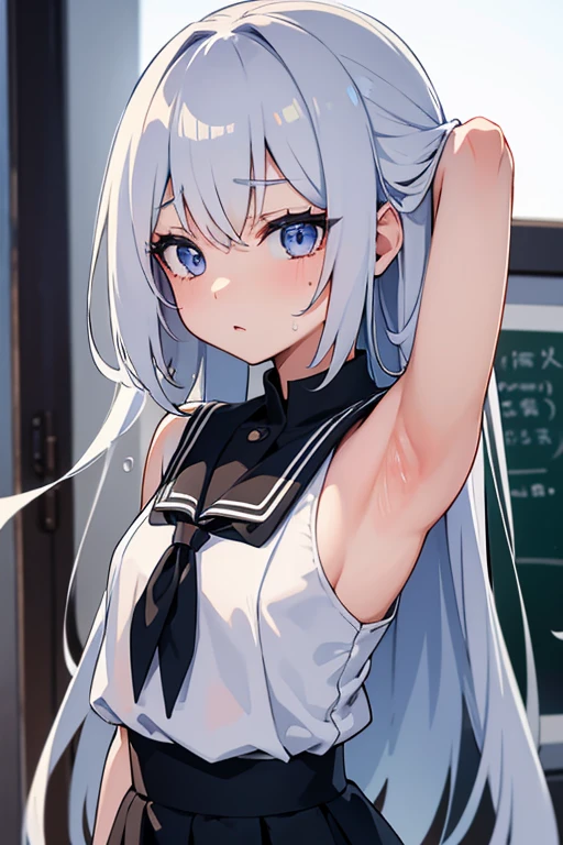 1 girl、european girl、Upper body、wealthy class、silver hair、long hair、best face、masterpiece、Natural light、long eyelashes、thick eyelashes、、primary school student、sleeveless sailor suit、black clothes、short、best beautiful girl、A fleeting beautiful girl、Eyes as blue as the sea、cheeks are stained red、looking at the viewer、Slender、slender、8-year-old、sweaty、{A lot of sweat is running down my face}、The background is the entrance of the apartment building、small shoulder width、raising left arm upwards、showing the viewer his left armpit、Steam is coming out of my armpits、troubled face、lolita