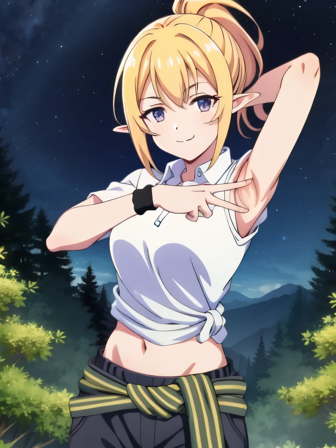 chloefes, ponytail, purple eyes, blonde hair, pointy ears, white shirt, clothes around waist, shorts, black shorts, navel, midriff, wristband, sleeves rolled up, collared shirt, closed mouth, solo, upper body, night sky, forest, arms behind head, contrapposto, spread armpits, smile, high quality,