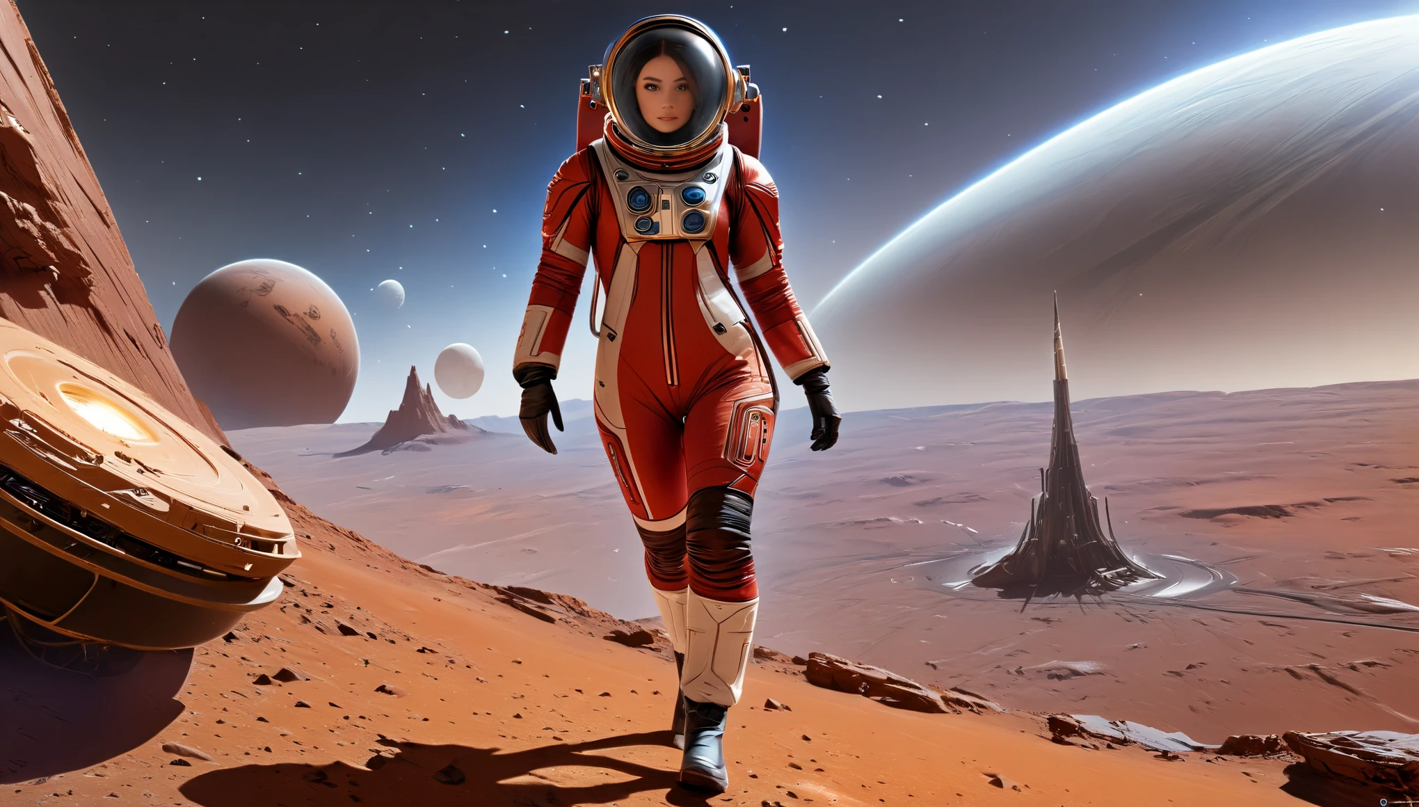 Super realism, a women in a red spacesuit, in casual sports shoes, trying to climb onto a spaceship standing on the surface of Mars, in the background there is another large spaceship, a mystical Martian city in steampunk style is visible even further, unusual inhabitants, mystical environment , sky, full star and planet, Augustus Edwin Mulready style image soft studio lighting, ultra high resolution, ultra high quality.