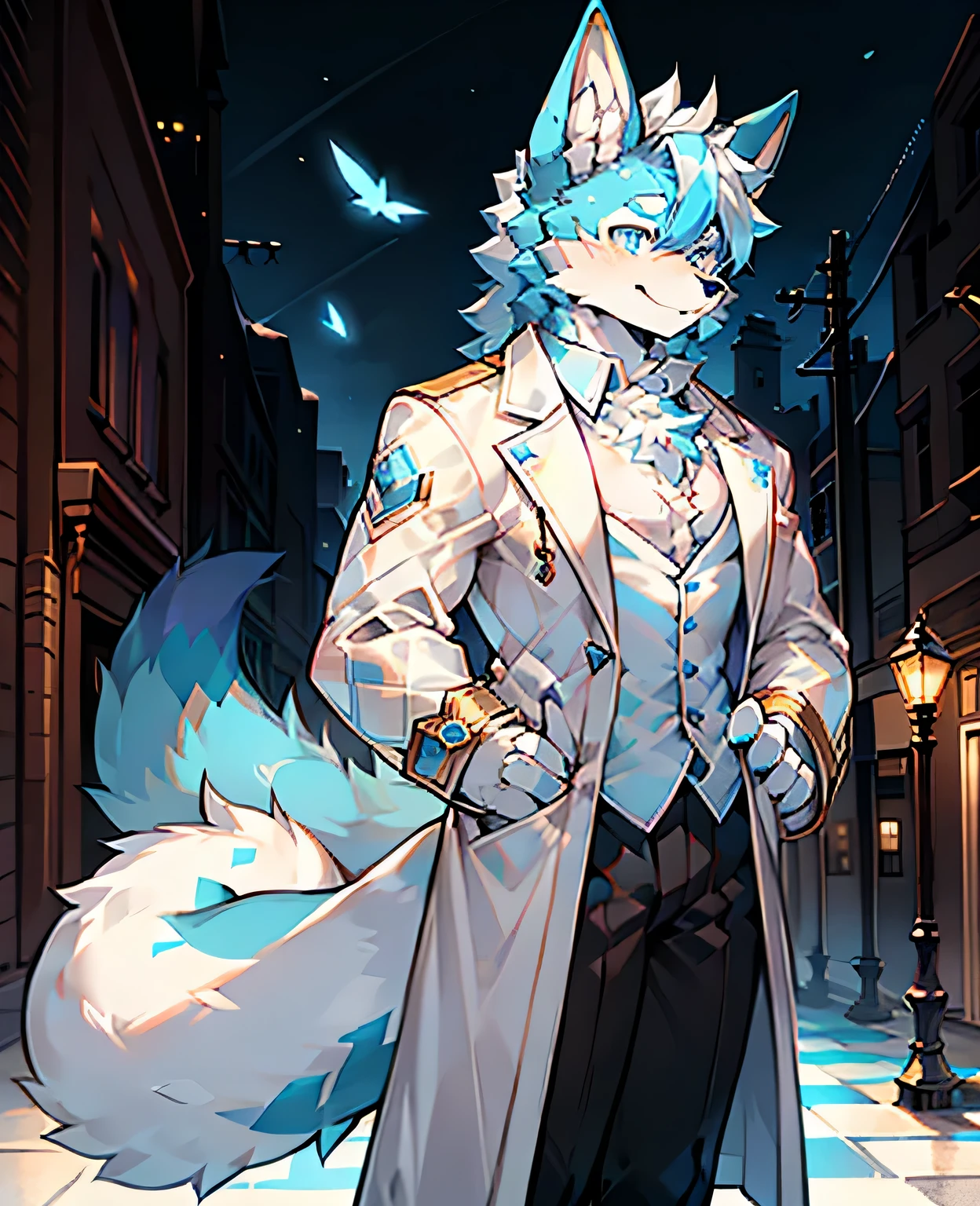 only,hairy male,hairy chest,Coyotes,canine,blue and white fur,long white hair,The ends of the hair are purple,bright blue eyes,charming,Handsome,big tail,Blue highlights,white trench coat,technological background,stand,High,Handsome,Ha ha,Beautifully,masterpiece,perfect,Walk down the street alone,strong and tall,Handsome,perfect脸部,front,帅气Handsome,confident,polite、grace,slightly,Shapely figure,perfect比例,身高High