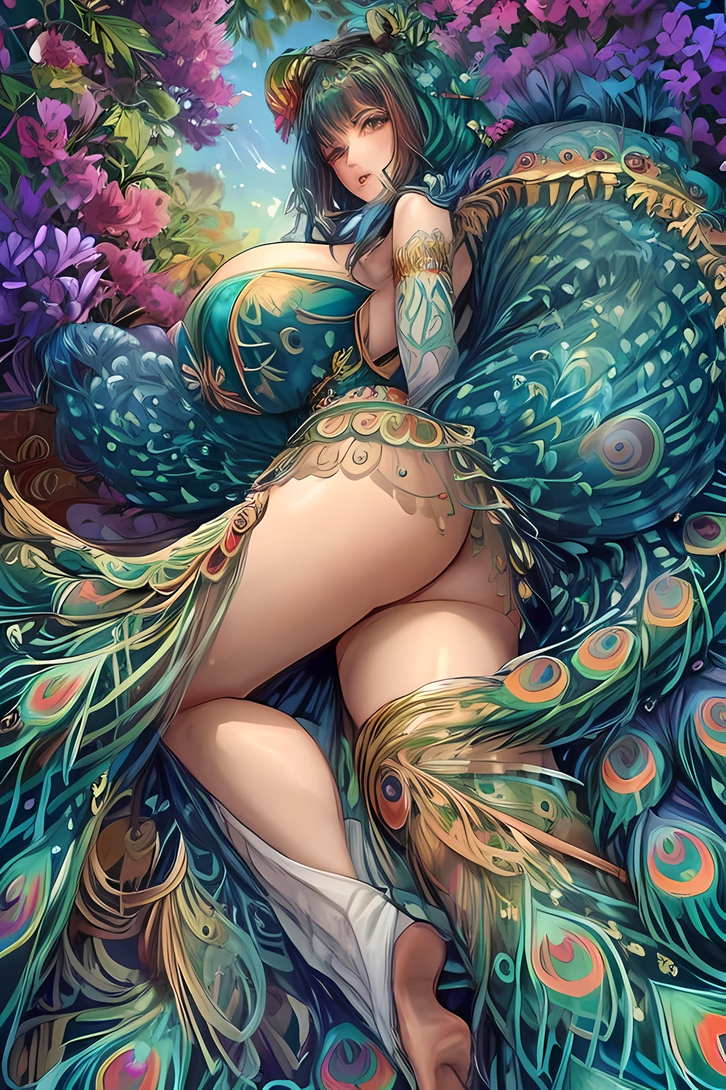 peacock rainbow tail,  (lots of peacock tails), large peacock pattern, gold and blue peacock tail, Brighter, giga_busty