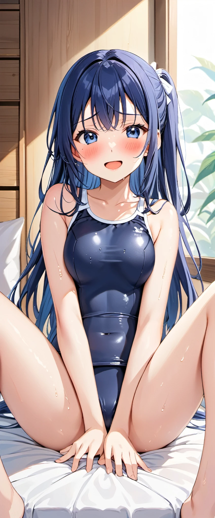 High resolution, woman , good lighting, despicable, , (No nudity), (((光沢のあるnavy blue school swimsuit))), (navy blue school swimsuit), cute face, I'm embarrassed and blush, humiliating, ((sit with legs spread)), ((wet with sweat))((A sticky liquid adheres to the body))sit on the bed in the room、