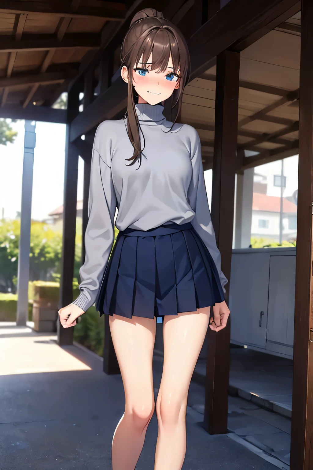 ((best quality)), ((masterpiece)), (detailed), (((perfect face))), ((slender 16yo teenage girl standing in carport)), (((wearing light grey turtleneck pullover, dark blue pleated skirt))), ((brunette, brown hair)), ((ponytail)), (((blue eyes))), ((shy:1.3)), ((blushing:1.5)), (((grin))), ((skinny thighs)), ((skinny hips)), (((bare legs)))