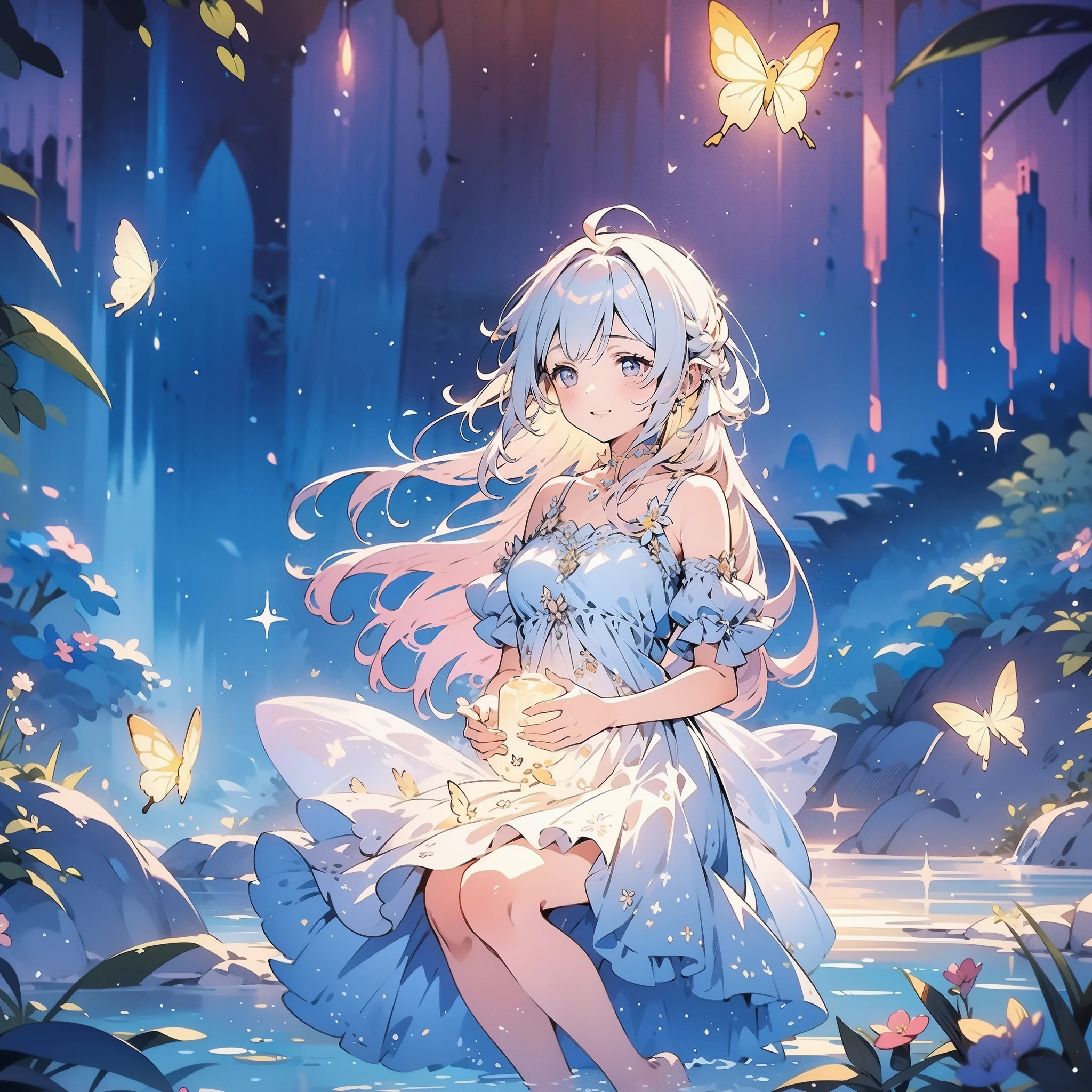 glowing fairies, beautiful girl in sparkling delicate white dress, glowing lights, fireflies, glowing butterflies, fairy creatures, watercolor illustration, vibrant pastel colors, dreamy, colorful, whimsical, magical, masterpiece, best quality, sharp focus, intricately detailed environment, fine detail, 8k resolution, waterfall lagoon, (magical lagoon), (waterfall, lake), 