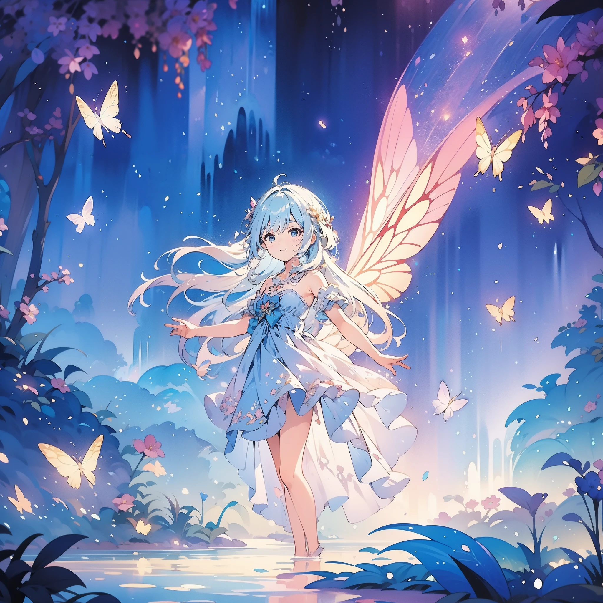 glowing fairies, beautiful girl in sparkling delicate white dress, glowing lights, fireflies, glowing butterflies, fairy creatures, watercolor illustration, vibrant pastel colors, dreamy, colorful, whimsical, magical, masterpiece, best quality, sharp focus, intricately detailed environment, fine detail, 8k resolution, waterfall lagoon, (magical lagoon), (waterfall, lake), 