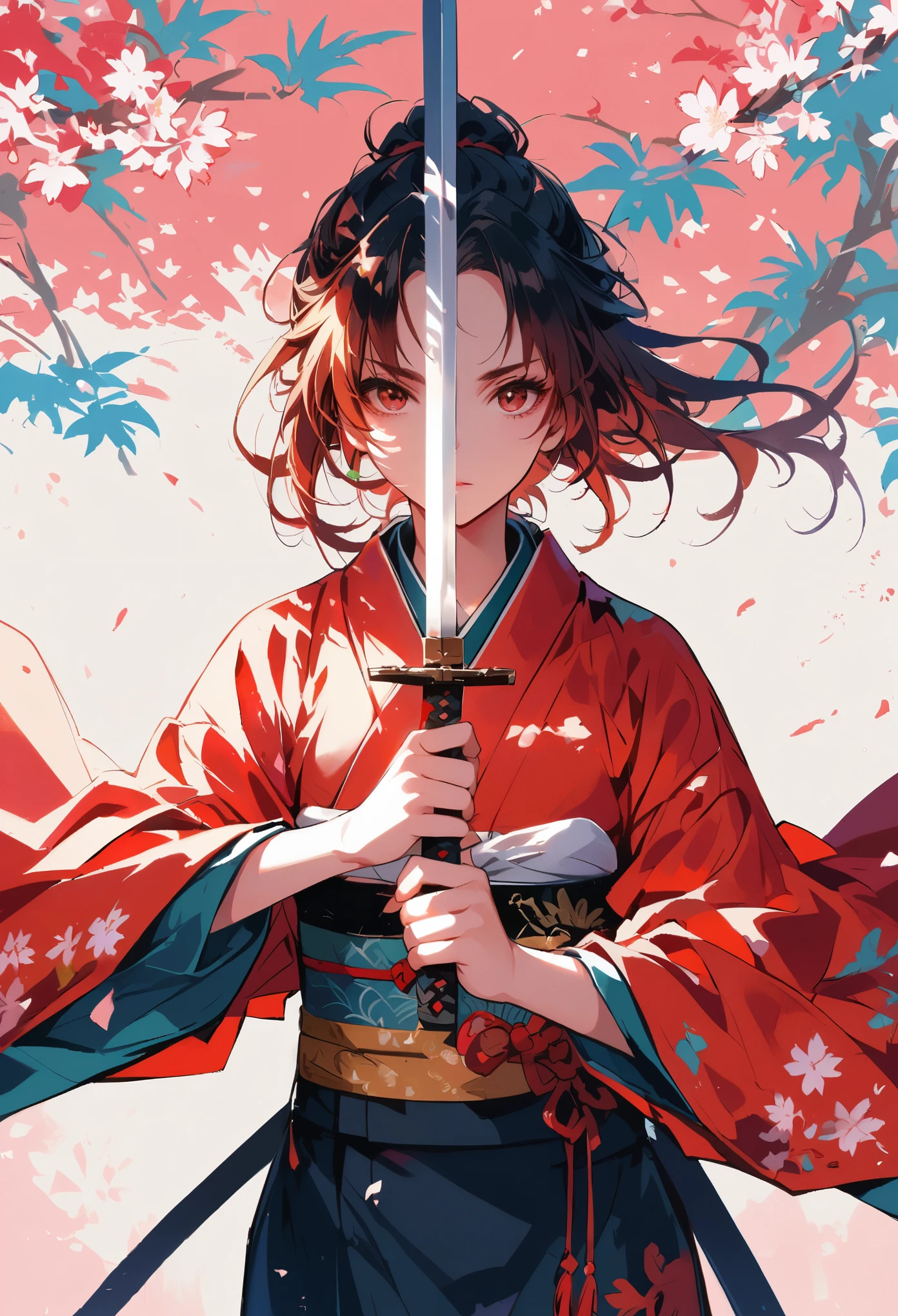 KINOMOTO SAKURA,Sword in both hands,Under the cherry blossom tree,kimono