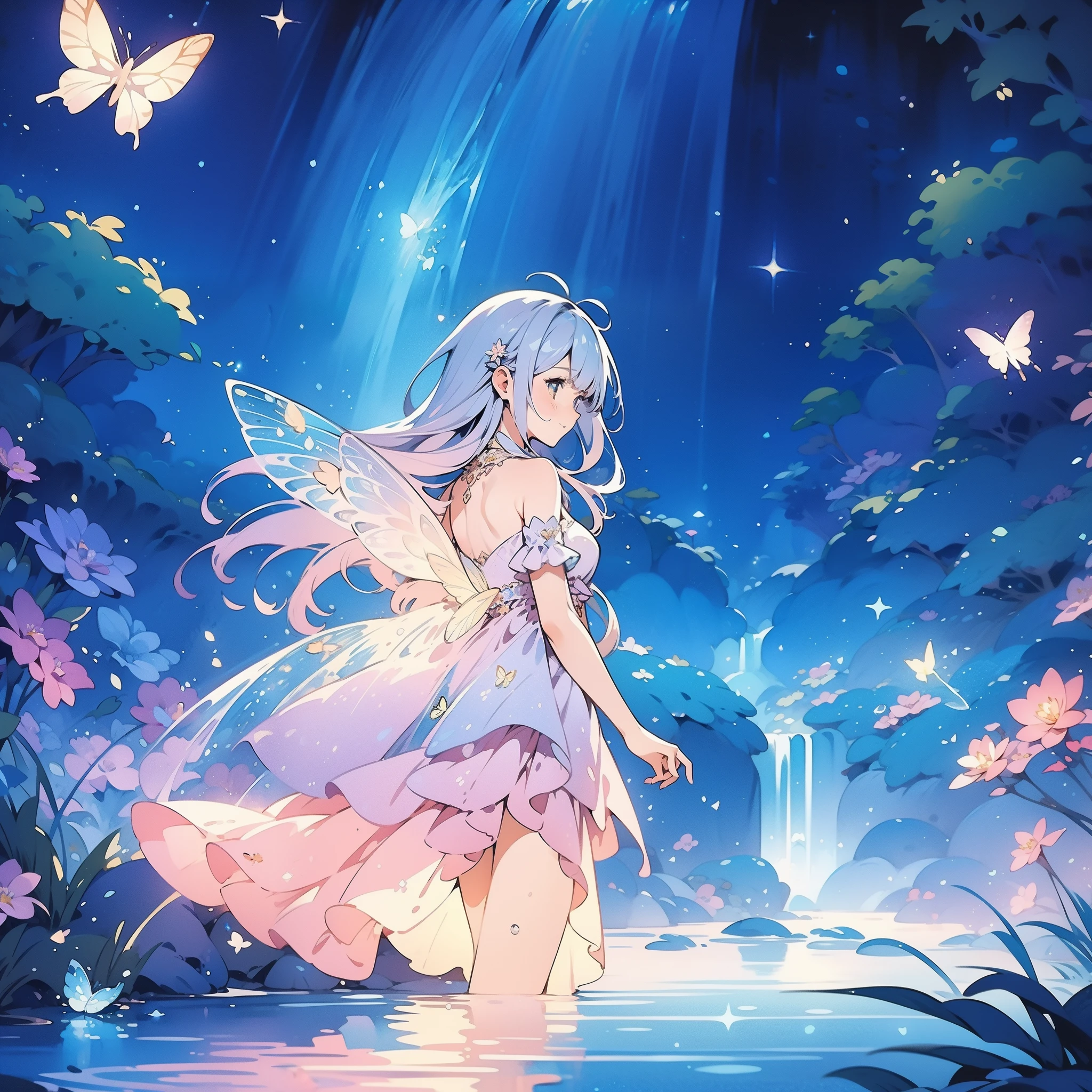 glowing fairies, beautiful girl in sparkling delicate white dress, glowing lights, fireflies, glowing butterflies, fairy creatures, watercolor illustration, vibrant pastel colors, dreamy, colorful, whimsical, magical, masterpiece, best quality, sharp focus, intricately detailed environment, fine detail, 8k resolution, waterfall lagoon, (magical lagoon), (waterfall, lake), 