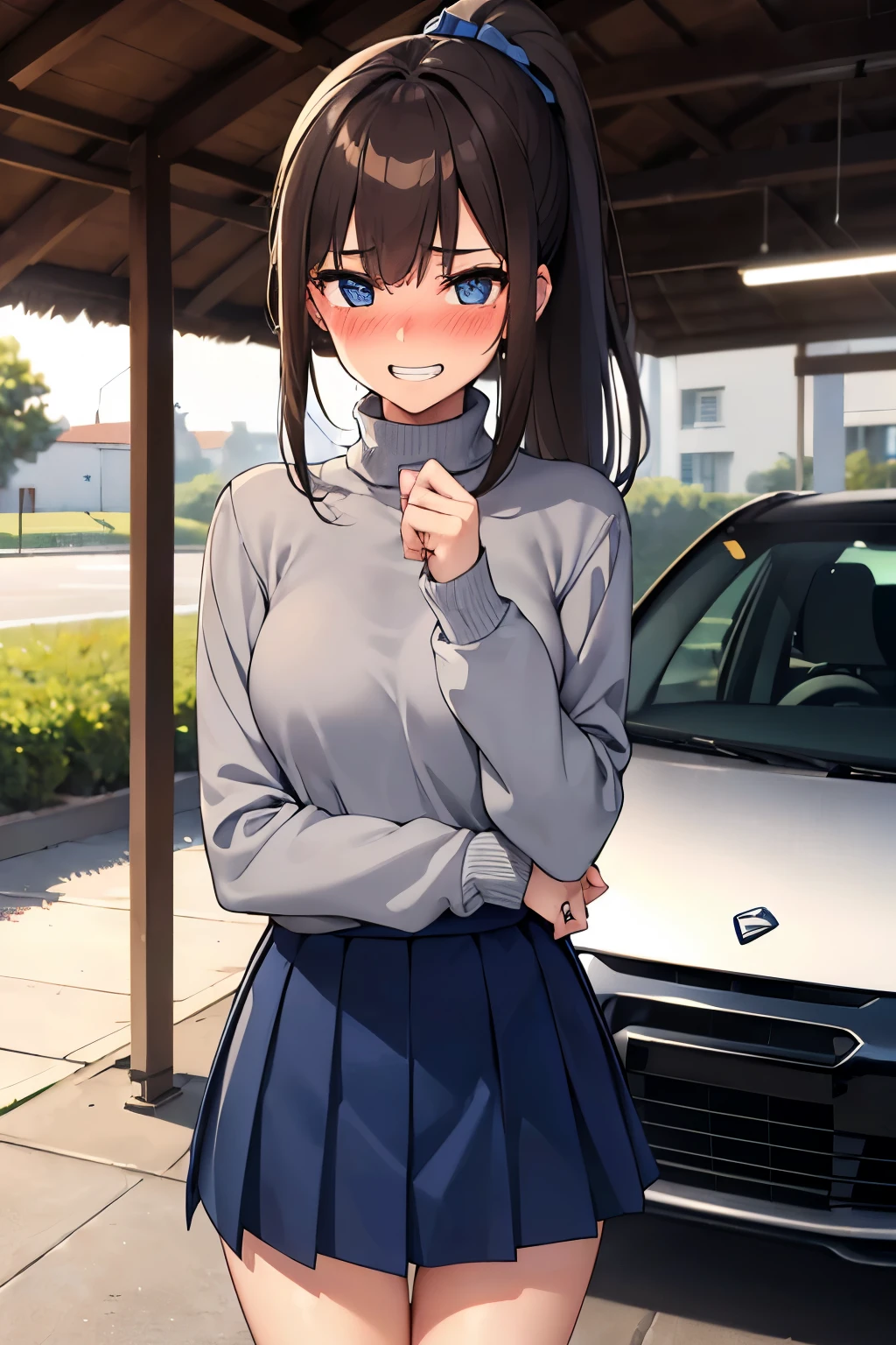 ((best quality)), ((masterpiece)), (detailed), (((perfect face))), ((slender 16yo teenage girl standing in carport)), (((wearing light grey turtleneck pullover, dark blue pleated skirt))), ((brunette, brown hair)), ((ponytail)), (((blue eyes))), ((shy:1.3)), ((blushing:1.5)), (((grin))), ((skinny thighs)), ((skinny hips)), (((bare legs)))