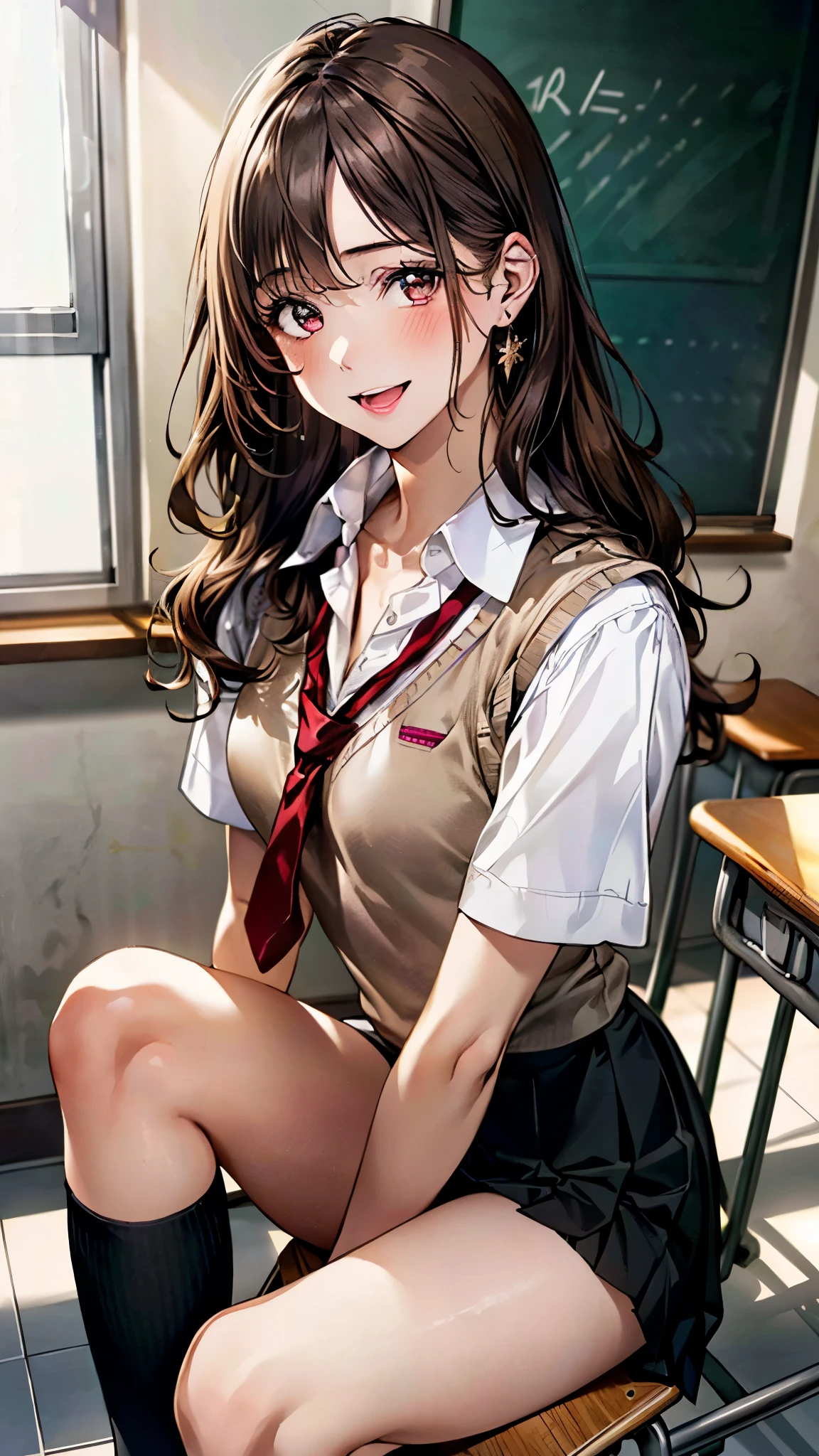 (masterpiece:1.3, top-quality, ultra high res, ultra detailed), (realistic, photorealistic:1.4), beautiful illustration, perfect lighting, natural lighting, colorful, depth of fields,
beautiful detailed hair, beautiful detailed face, beautiful detailed eyes, beautiful clavicle, beautiful body, beautiful chest, beautiful thigh, beautiful legs, beautiful fingers,
looking at viewer, (face focus, upper body), 1 girl, japanese, high school girl, perfect face, (perfect anatomy, anatomically correct), cute and symmetrical face, face, , shiny skin,
(long hair:1.7, straight hair:1.0, rosy brown hair), swept bangs, gold eyes, big eyes, slant eyes, long eye lasher, (medium breasts:1.6, tight butt, seductive thighs), slender,
((shocking pink knit vest, collared white shirt, black pleated skirt, red tie)), black school socks,
(beautiful scenery), morning, (classroom, chalkboard, window, ceiling light, curtains), sitting school desk, ((eatting melon bread)), (seductive smile, open mouth small),