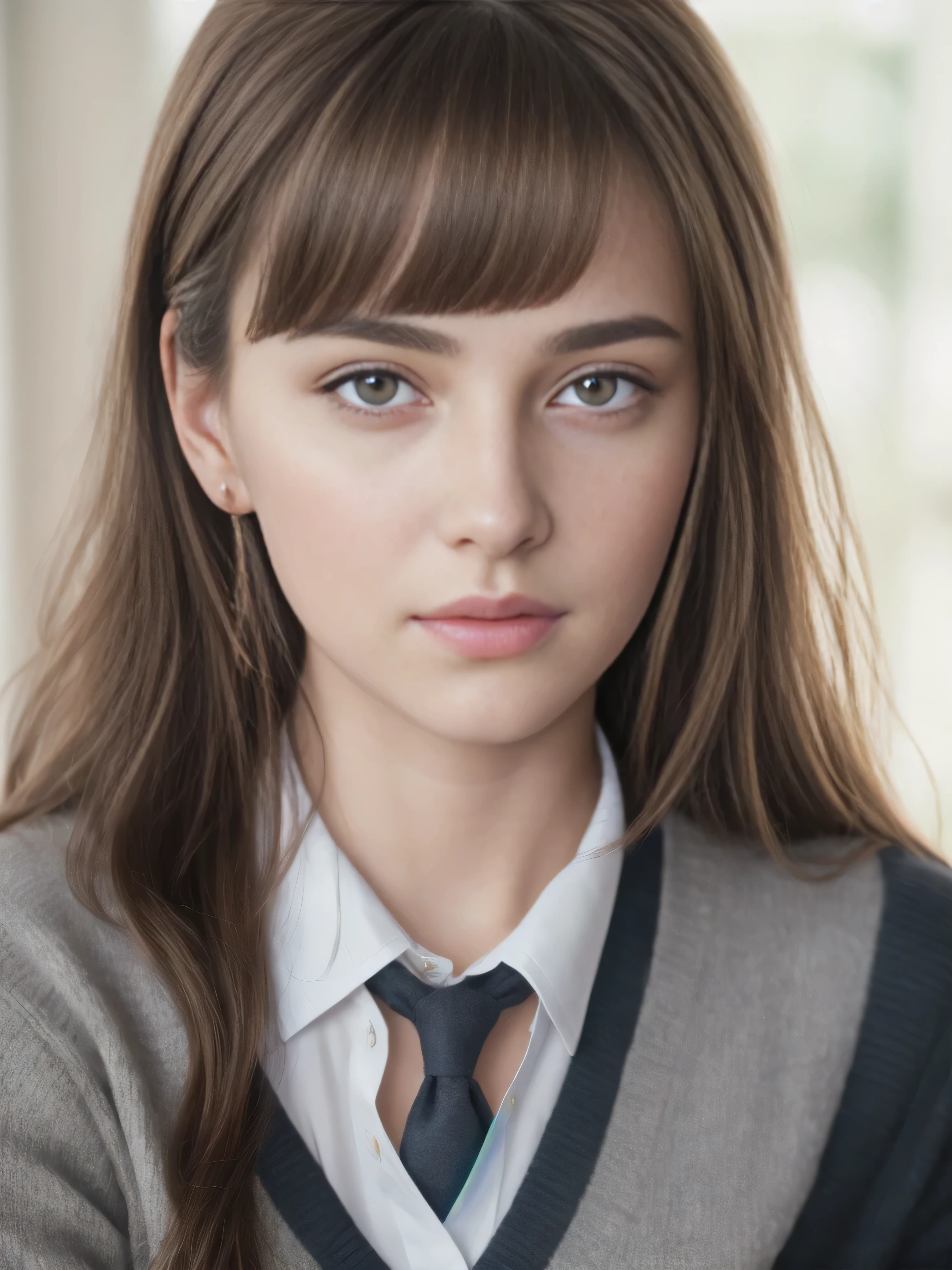 focus area: dynamic point (21 puntos), general planes, A photorealistic full-length portrait of an incredibly beautiful student without makeup, 15 years, In his bedroom, sentado en la cama, Uniforme escolar, blusa gris con escote en pico y encaje y escote, falda corta negra con pliegues y estampado de mariposas, medias grises hasta la rodilla con motivos de rombos, Arco rojo, Extremadamente detallado light hazel eyes, Detailed symmetrical realistic face, Extremadamente detallado natural skin texture, pelusa de durazno, pelo despeinado, obra maestra, absurdos, Nikon D850 film stock photography, kodak portra 400 camera f1.6 lentes, Extremadamente detallado, asombroso, buen detalle, colores ricos, textura realista hiperrealista, dramatic lighting, motor irreal, cinestill 800 tungsteno, mirando al espectador, foto realista, foto cruda, alta calidad, high resolution, sharp focus, Extremadamente detallado, cinematic lighting, 8k hd,