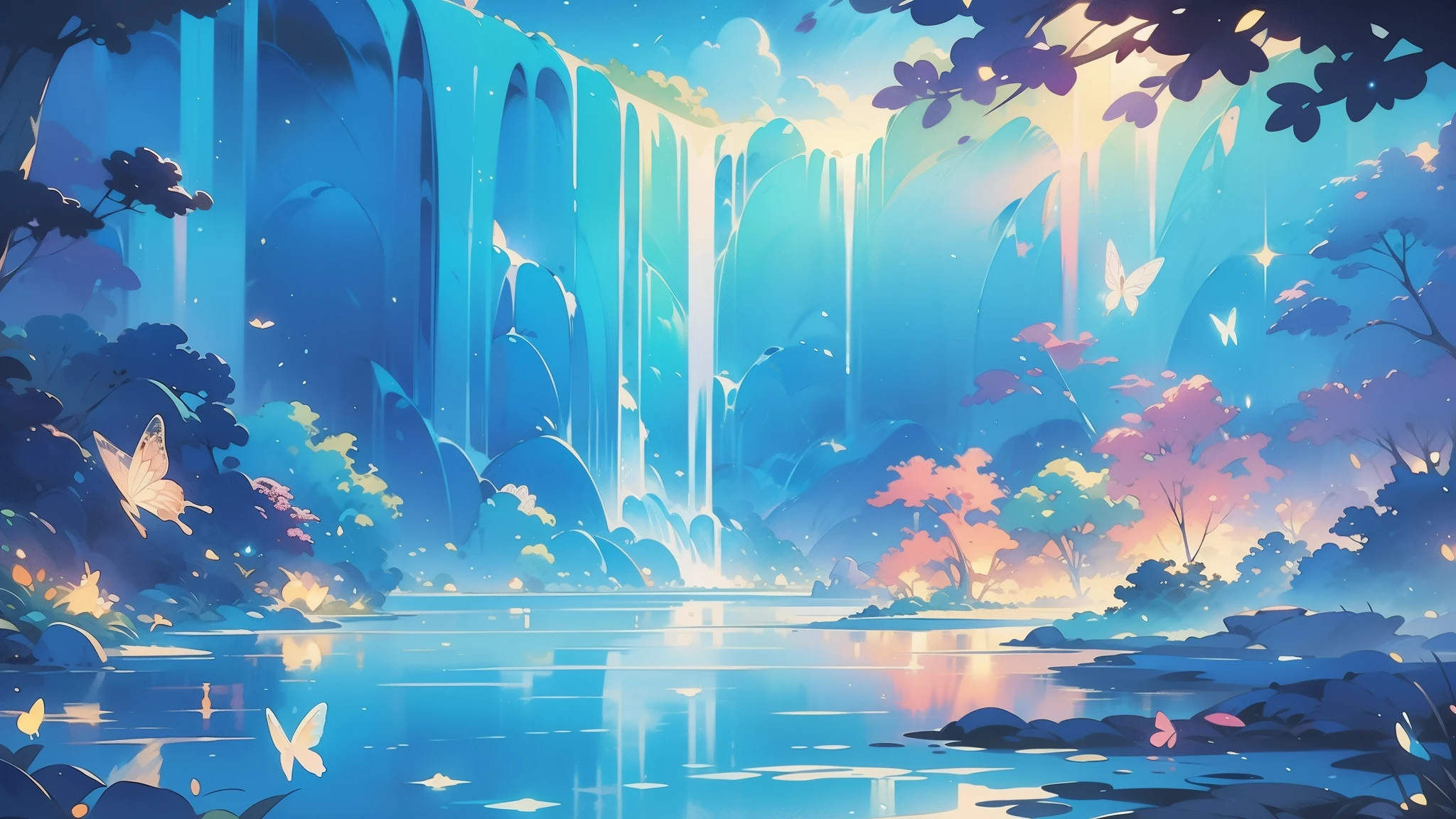 illustration, watercolor illustration, vibrant pastel colors, dreamy, colorful, whimsical, magical, masterpiece, best quality, sharp focus, intricately detailed environment, fine detail, 8k resolution, waterfall lagoon, (magical lagoon), (waterfall, lake), (glowing lights, fireflies, glowing butterflies
