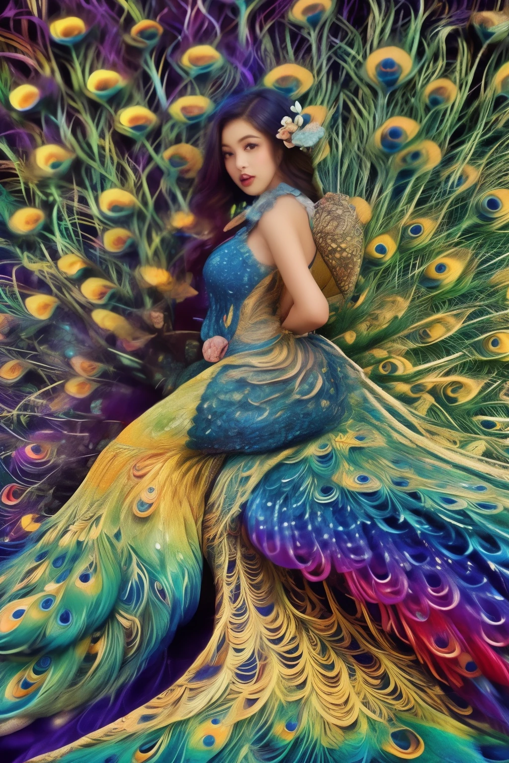 peacock rainbow tail,  (lots of peacock tails), large peacock pattern, gold and blue peacock tail, Brighter, giga_busty