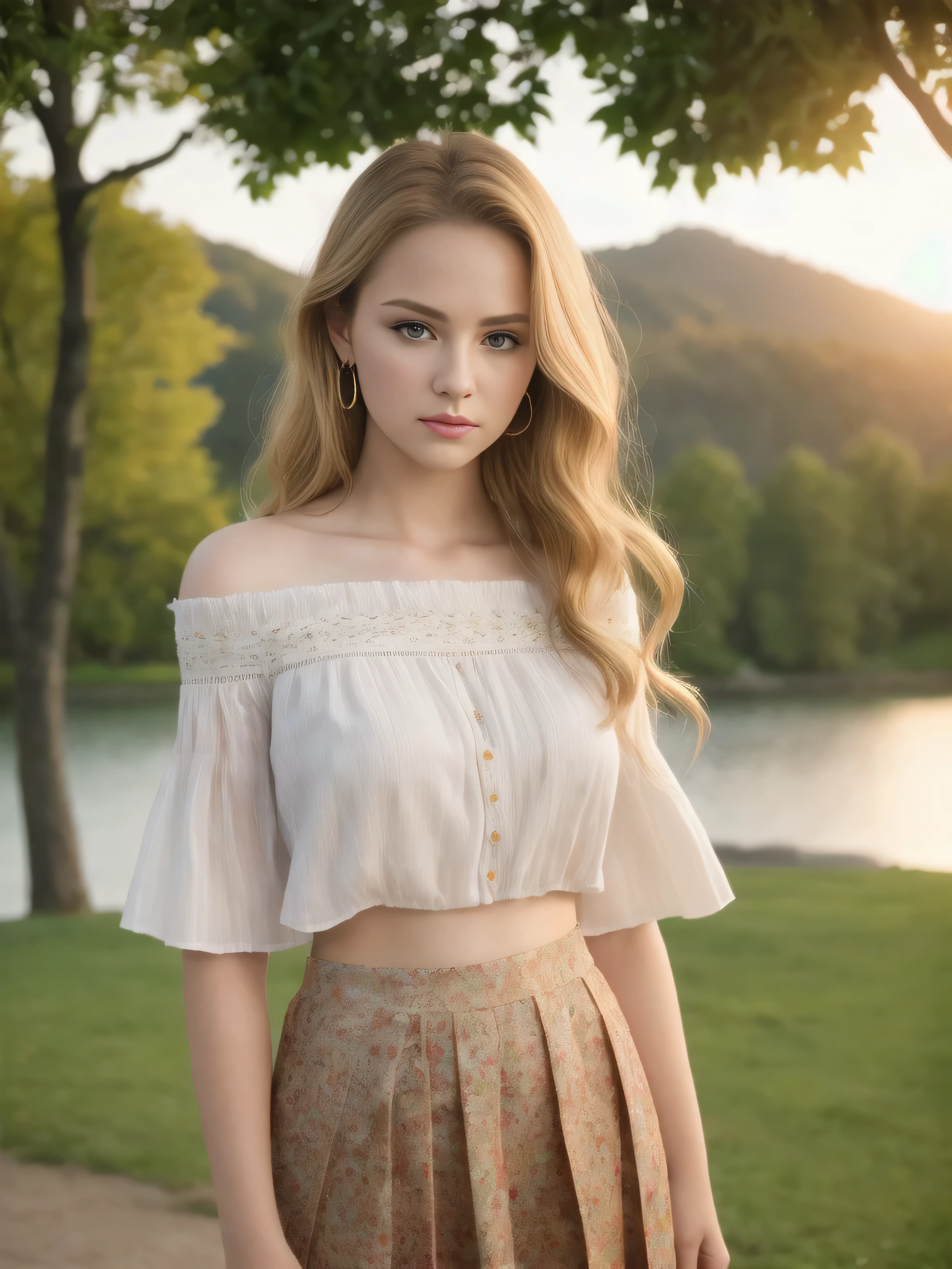 una hermosa joven, , en el parque, retrato de tiro general, manual enfocar, single point, enfocar, falda larga ajustada plisada, Blusa con hombros descubiertos, atardecer, viento que sopla, Cabello rubio dorado, ondeando el cabello, ojos verdes, grave, indiferente, lago al fondo, ciudad al otro lado del lago, Detailed symmetrical realistic face, Extremadamente detallado natural skin texture, pelusa de durazno, obra maestra, absurdos, Nikon D850 film stock photography, kodak portra 400 camera f1.6 lentes, Extremadamente detallado, asombroso, buen detalle, colores ricos, textura realista hiperrealista, dramatic lighting, cinestill 800 tungsteno, foto realista, foto cruda, alta calidad, high resolution, sharp enfocar, Extremadamente detallado, cinematic lighting, 8k hd,